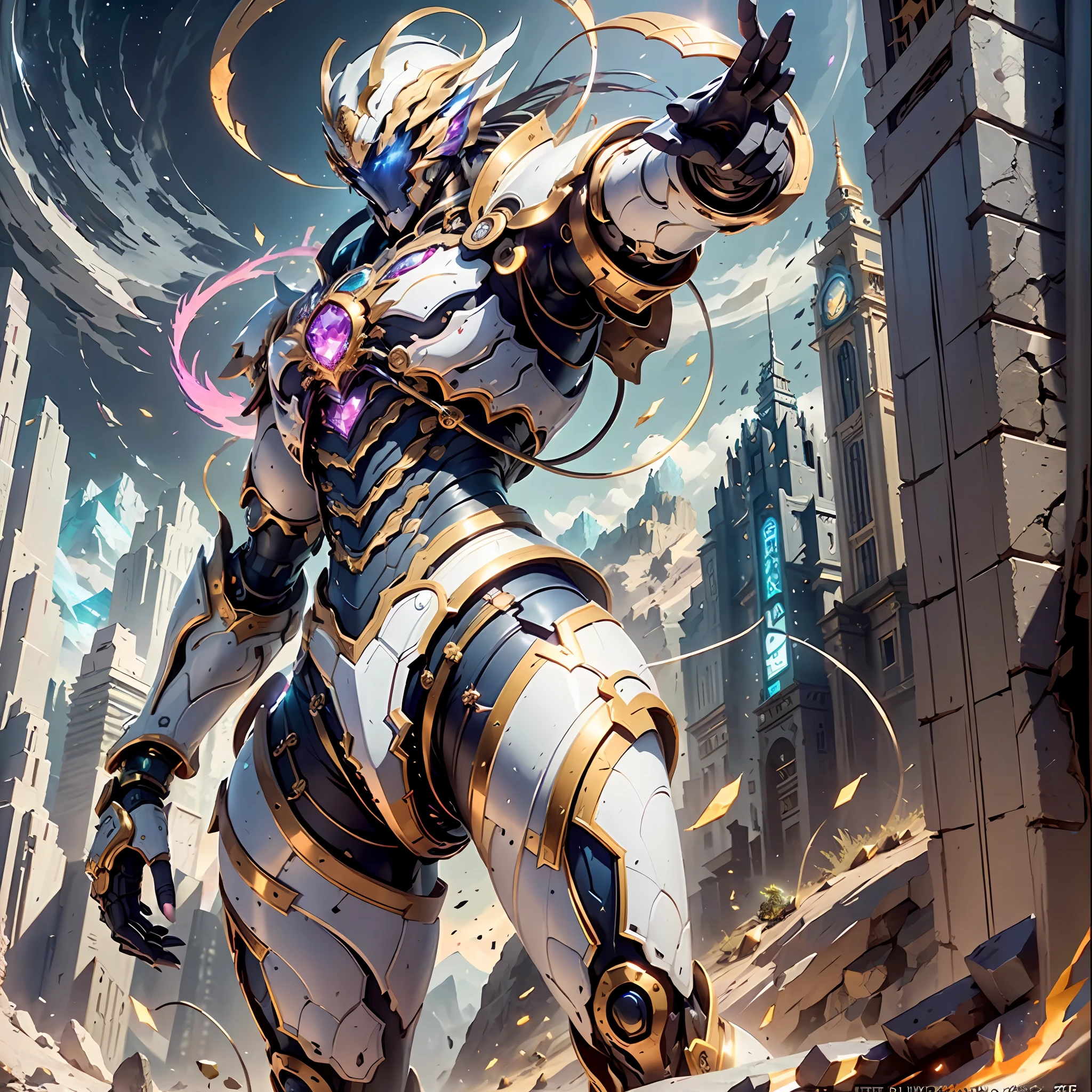 Ancient divine beast armor,Fighting posture,giant mech,(Smooth surface),(Stand on a cliff overlooking the night view:1.4),Cyberpunk city,White is the main color，Comes with bright decorative colors such as red and gold。There are powerful thrusters,(crystal:1.3),(((Masterpiece))),(((Best quality))),((hyper detailed))((Extremely detailed CG)),((16K resolution))((An extremely delicate and beautiful)),{Photorealistic},Full of detailed light blooms,A masterpiece from the Canon EOS R6 shooting,((The Masterpiece)) ,Cinematic Lights,独奏,Unreal Engine 5,