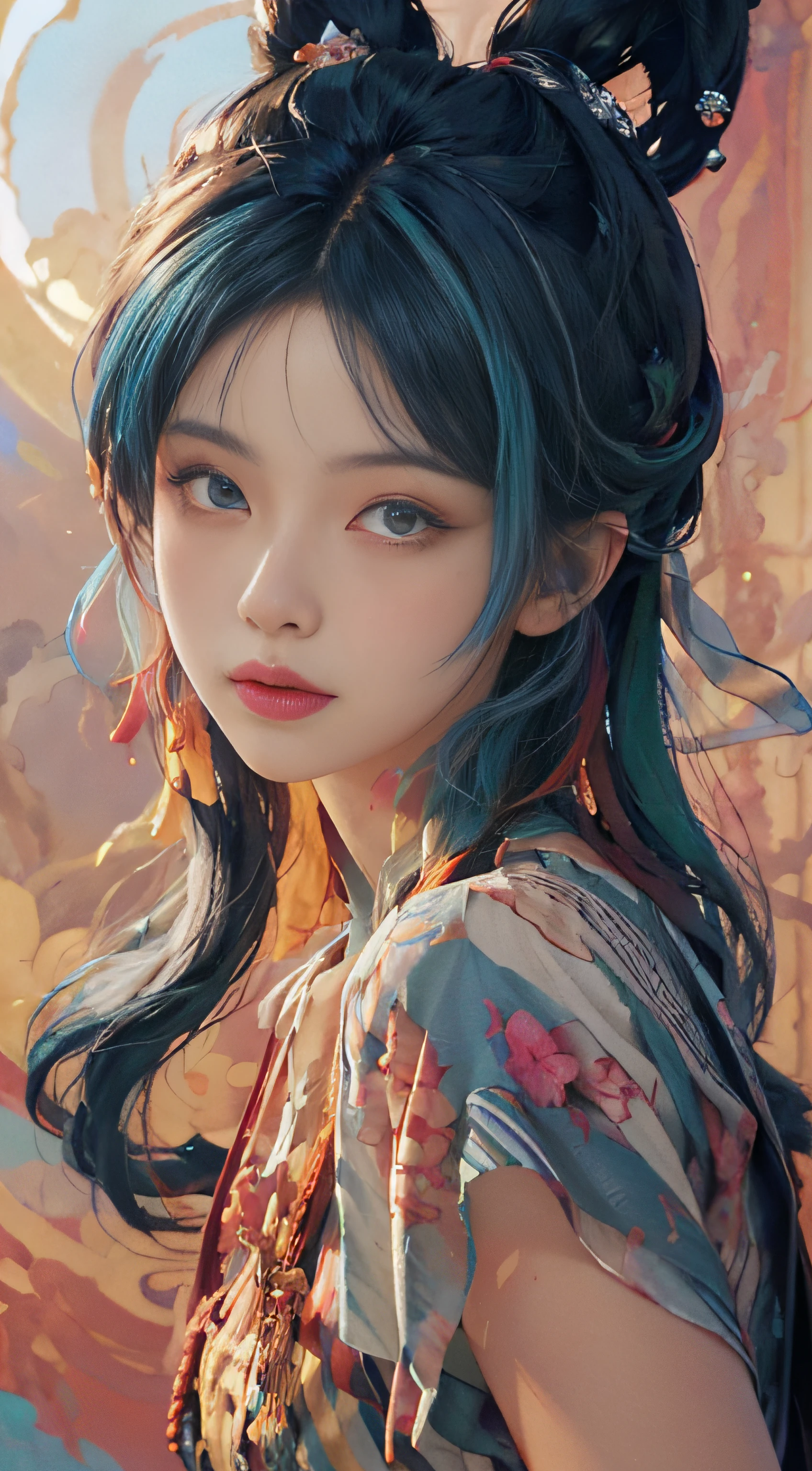 ((((masterpiece))), ((best quality))), ((super detailed)), (illustration), (dynamic angle), ((floating)), (paint), ((loose hair)), (solo), (1girl), (detailed anima face))), ((beautiful detailed face)), ((colored hair)), ((striped hair)), (gradient eyes), (((colored eyes))), (white cloud background))), (((high saturation)))),(((surrounded by colored paint)))(((bra)))(((upper body photo)))) ultra-detailed, beautiful and aesthetic, masterpiece, best quality, most beautiful form chaotic, elegant, brutalist design,