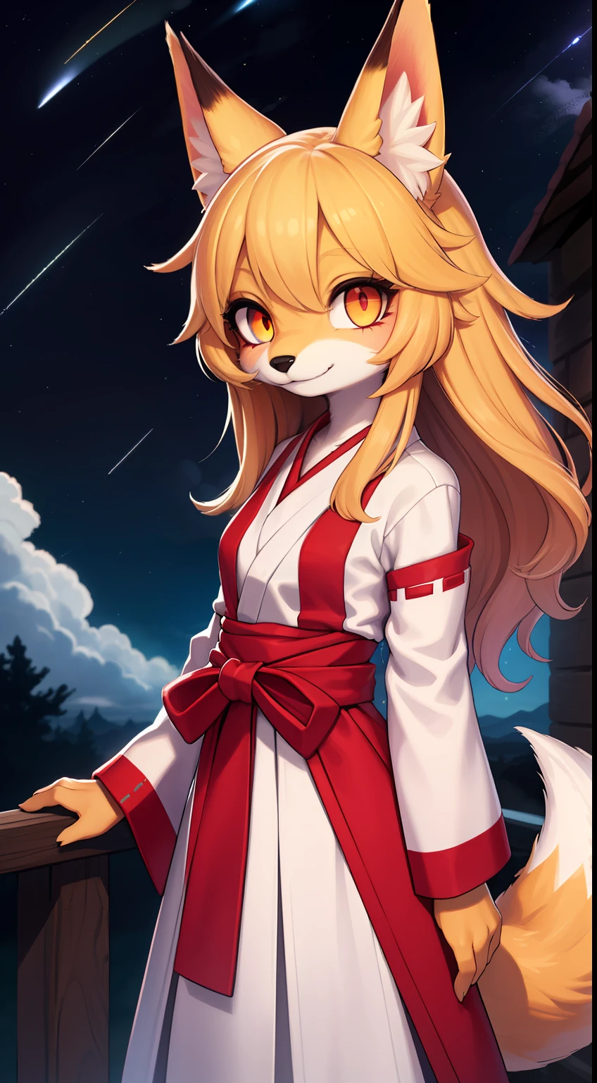 The art of Dagasi，girl fox，Longhaire，shaggy，Golden fur，Golden yellow face fur,Long blonde hair，Red eyes，Super cute face，Brown elements on fur，miko，Beautiful lights and shadows，Ambient light，Ultra-fine fur，Volumetric light，Night,Clouds and stars in the sky,The sky outside is starry ,shooting stars,natural day light，smiled，Fluffy tail，Color Contact Lenses ， Bright pupils，solid circle eyes，Glowing eyes