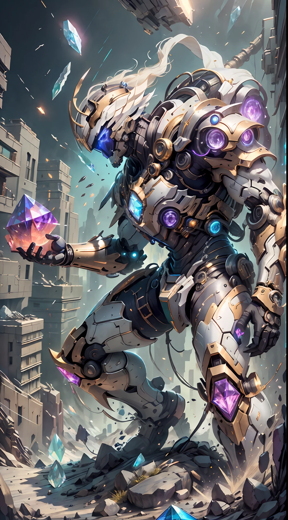 Ancient divine beast armor,Fighting posture,giant mech,(Smooth surface),Stand on a cliff overlooking the night view,Cyberpunk city,White is the main color，With red、Bright decorative colors such as blue and gold。There are powerful thrusters,(crystal:1.3),(((Masterpiece))),(((Best quality))),((hyper detailed))((Extremely detailed CG)),((16K resolution))((An extremely delicate and beautiful)),{Photorealistic},Full of detailed light blooms,A masterpiece from the Canon EOS R6 shooting,((The Masterpiece)) ,Cinematic Lights,独奏,Unreal Engine 5,Many people