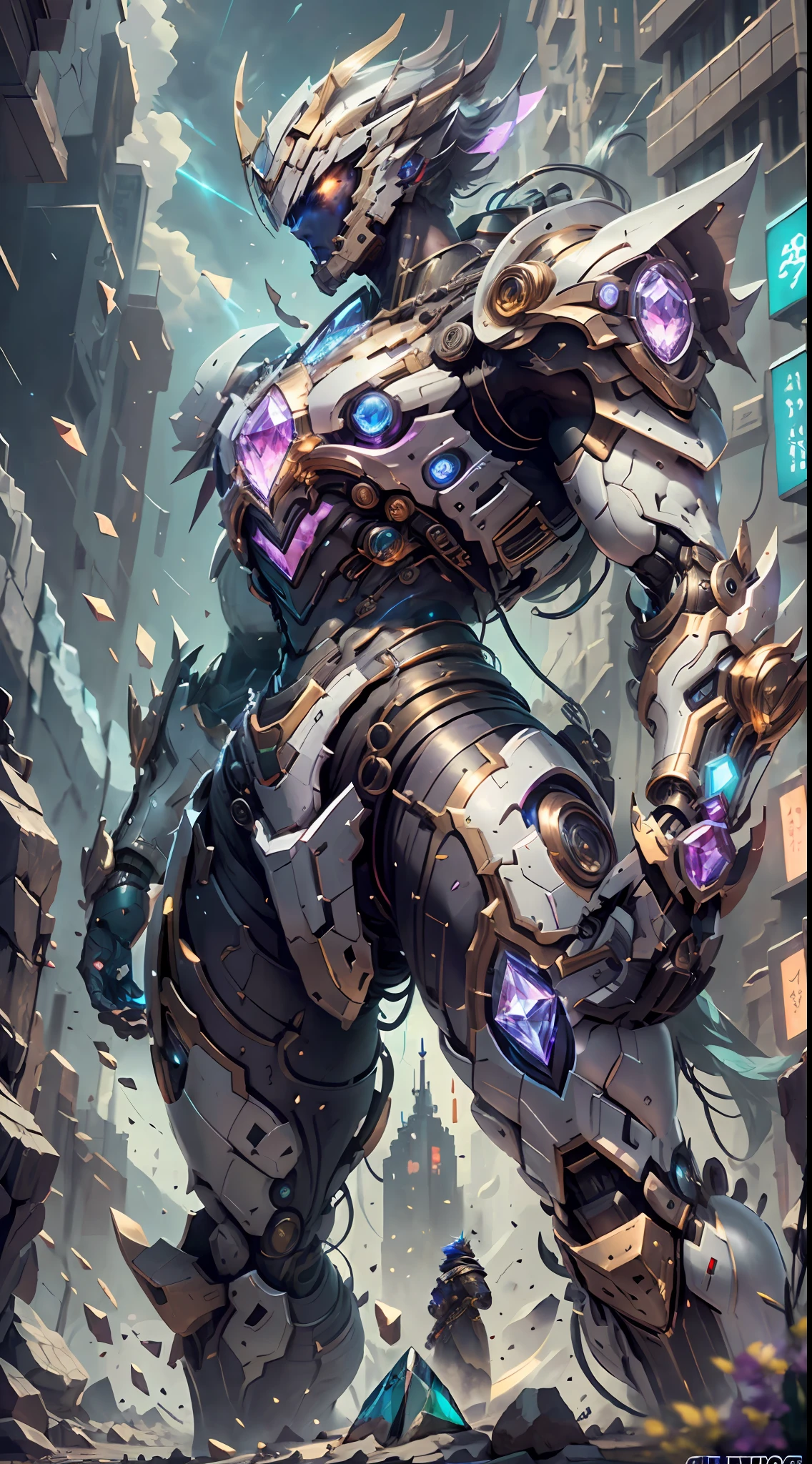 Ancient divine beast armor,Fighting posture,giant mech,(Smooth surface),Stand on a cliff overlooking the night view,Cyberpunk city,White is the main color，With red、Bright decorative colors such as blue and gold。There are powerful thrusters,(crystal:1.3),(((Masterpiece))),(((Best quality))),((hyper detailed))((Extremely detailed CG)),((16K resolution))((An extremely delicate and beautiful)),{Photorealistic},Full of detailed light blooms,A masterpiece from the Canon EOS R6 shooting,((The Masterpiece)) ,Cinematic Lights,独奏,Unreal Engine 5,Many people