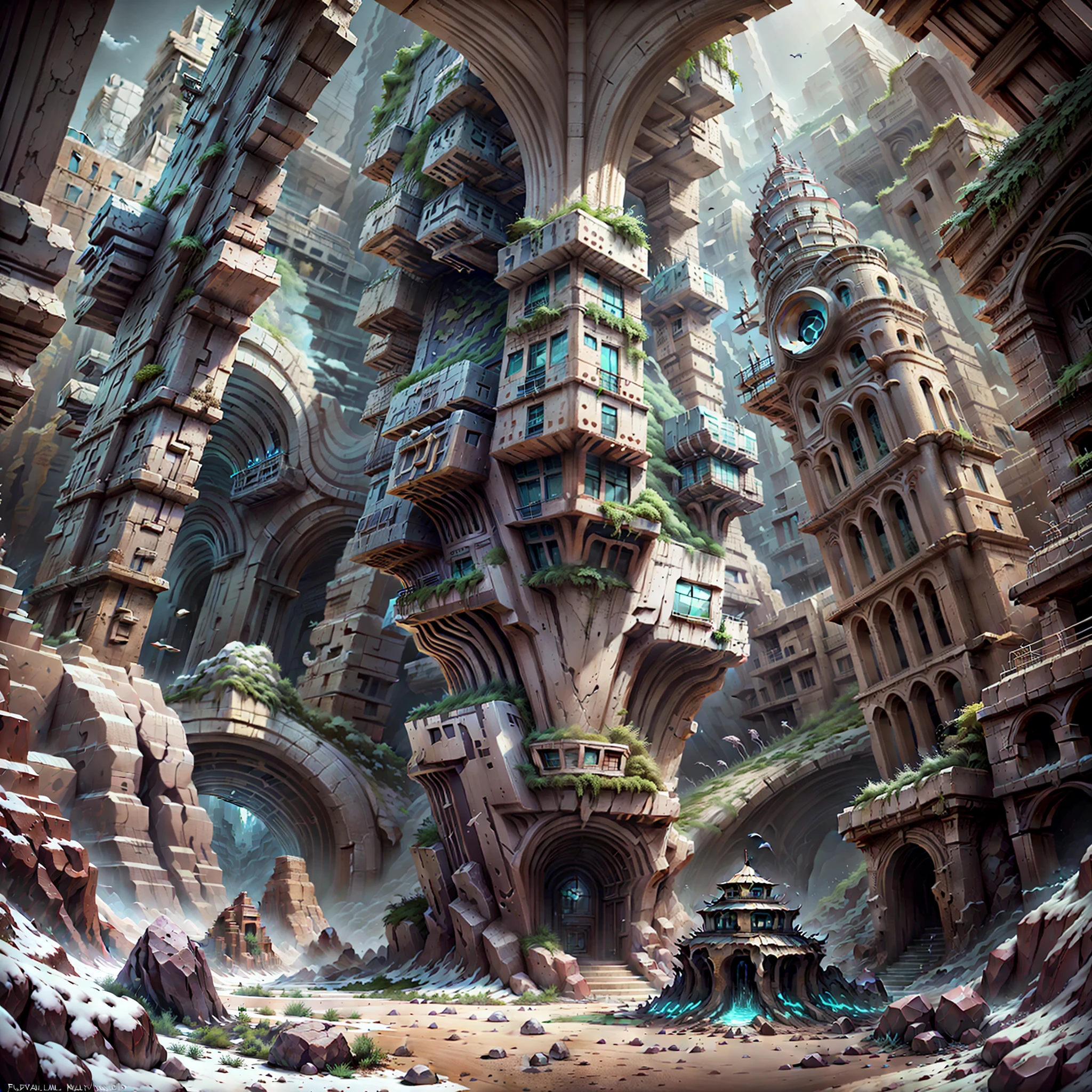 :an awesome sunny cheerful day environment concept art of Futuristic design of cave architecture interiors concept art on grand Canyon caves nature architecture, proportional,detailed, cave architecture nature meets futuristic architecture on a rainforest jungle cliff with huge waterfalls,Crepuscular rays, nature meets modern architecture in the style of Aries Moross, Rem Koolhaas,Daniel Libeskind, Jean Nouvel, Paolo Soleri,Toyo Ito and Philip Johnson with Dry brush drawing style ,Chiaroscuro village,cliff side residential area, mixed development,nature architecture,bright colors,high rise made up staircases, balconies, full of glass facades,carved from rocks, masterpiece, proportional, detailed, trending on artstation, beautiful lighting, realistic, intricate