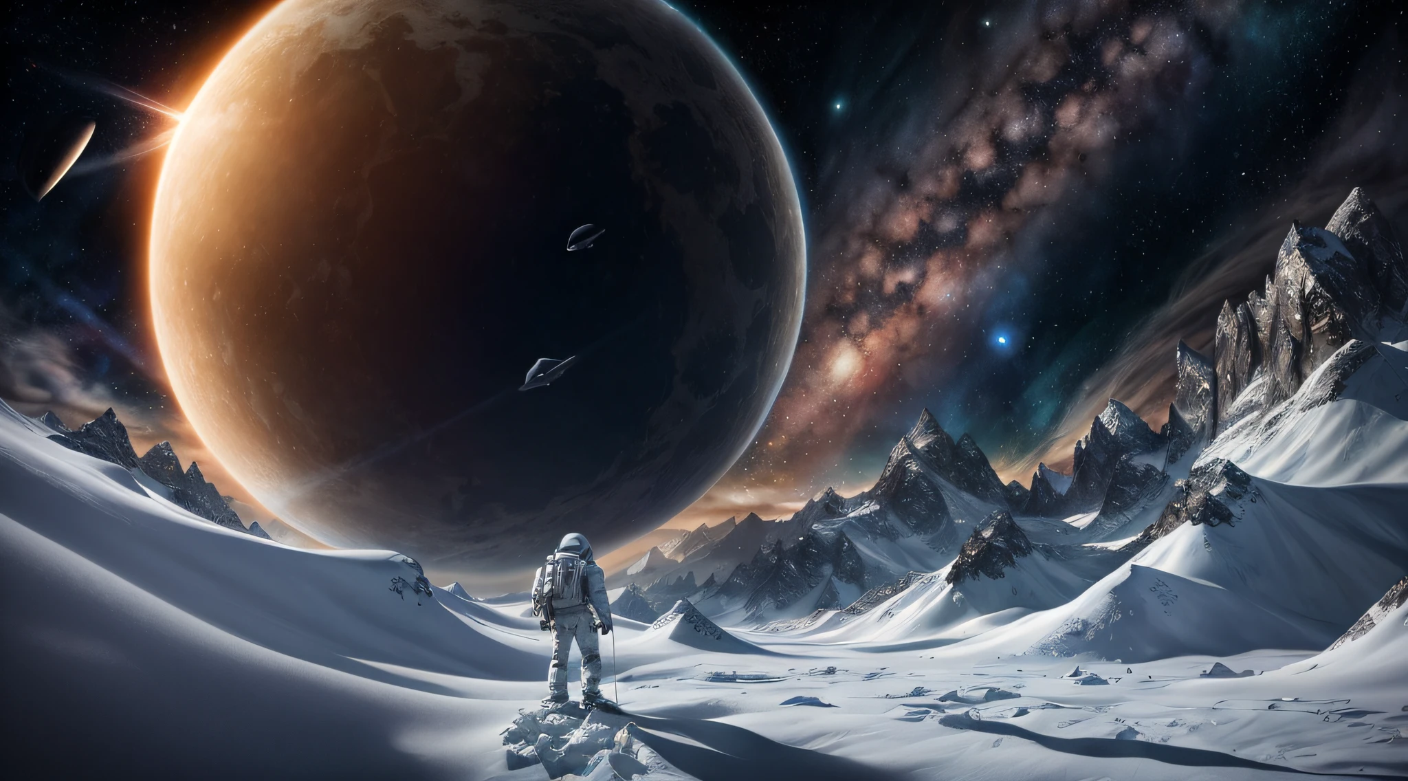 The spaceship flies over snowy mountains，A planet in the background, walking across ice planet, astronaut stranded on planet, epic beautiful space scifi, epic fantasy sci fi illustration, lost in the milky void, on another planet, stunning alien landscape, jessica rossier fantasy art, space landscape, inspired by jessica rossier, amazing alien landscape, jessica rossier color scheme