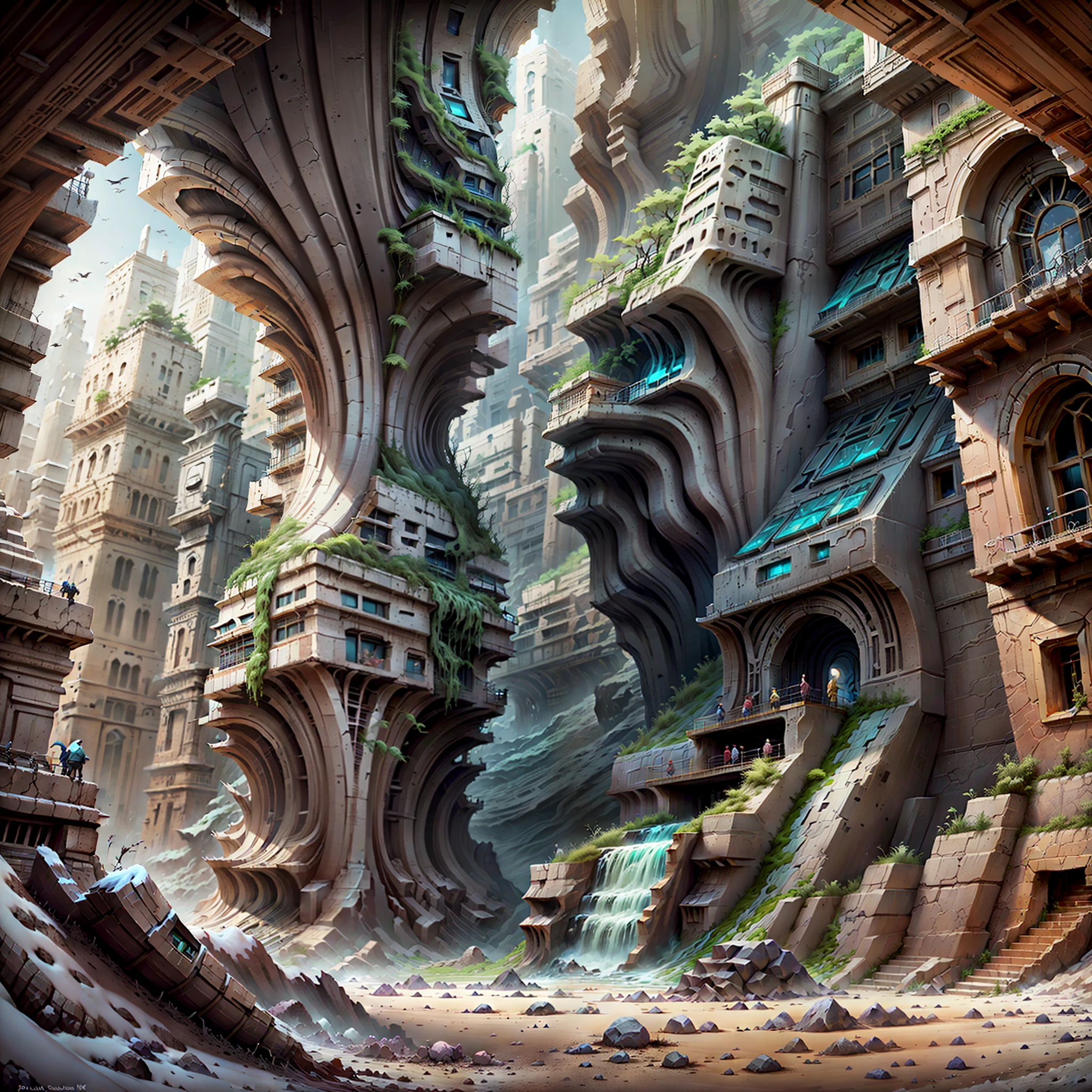 :an awesome sunny cheerful day environment concept art of Futuristic design of cave architecture interiors concept art on grand Canyon caves nature architecture, proportional,detailed, cave architecture nature meets futuristic architecture on a rainforest jungle cliff with huge waterfalls,Crepuscular rays, nature meets modern architecture in the style of Aries Moross, Rem Koolhaas,Daniel Libeskind, Jean Nouvel, Paolo Soleri,Toyo Ito and Philip Johnson with Dry brush drawing style ,Chiaroscuro village,cliff side residential area, mixed development,nature architecture,bright colors,high rise made up staircases, balconies, full of glass facades,carved from rocks, masterpiece, proportional, detailed, trending on artstation, beautiful lighting, realistic, intricate