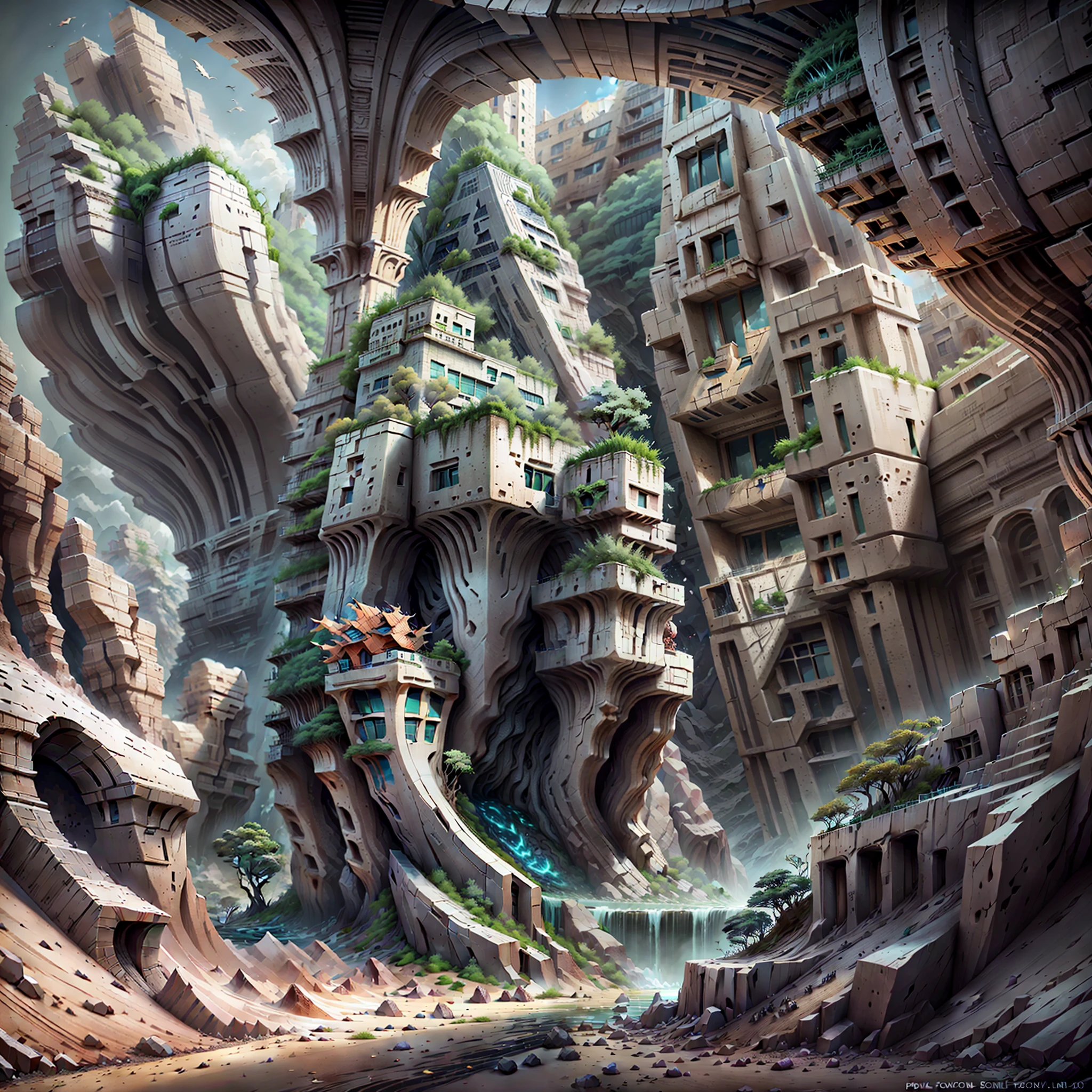 :an awesome sunny cheerful day environment concept art of Futuristic design of cave architecture interiors concept art on grand Canyon caves nature architecture, proportional,detailed, cave architecture nature meets futuristic architecture on a rainforest jungle cliff with huge waterfalls,Crepuscular rays, nature meets modern architecture in the style of Aries Moross, Rem Koolhaas,Daniel Libeskind, Jean Nouvel, Paolo Soleri,Toyo Ito and Philip Johnson with Dry brush drawing style ,Chiaroscuro village,cliff side residential area, mixed development,nature architecture,bright colors,high rise made up staircases, balconies, full of glass facades,carved from rocks, masterpiece, proportional, detailed, trending on artstation, beautiful lighting, realistic, intricate