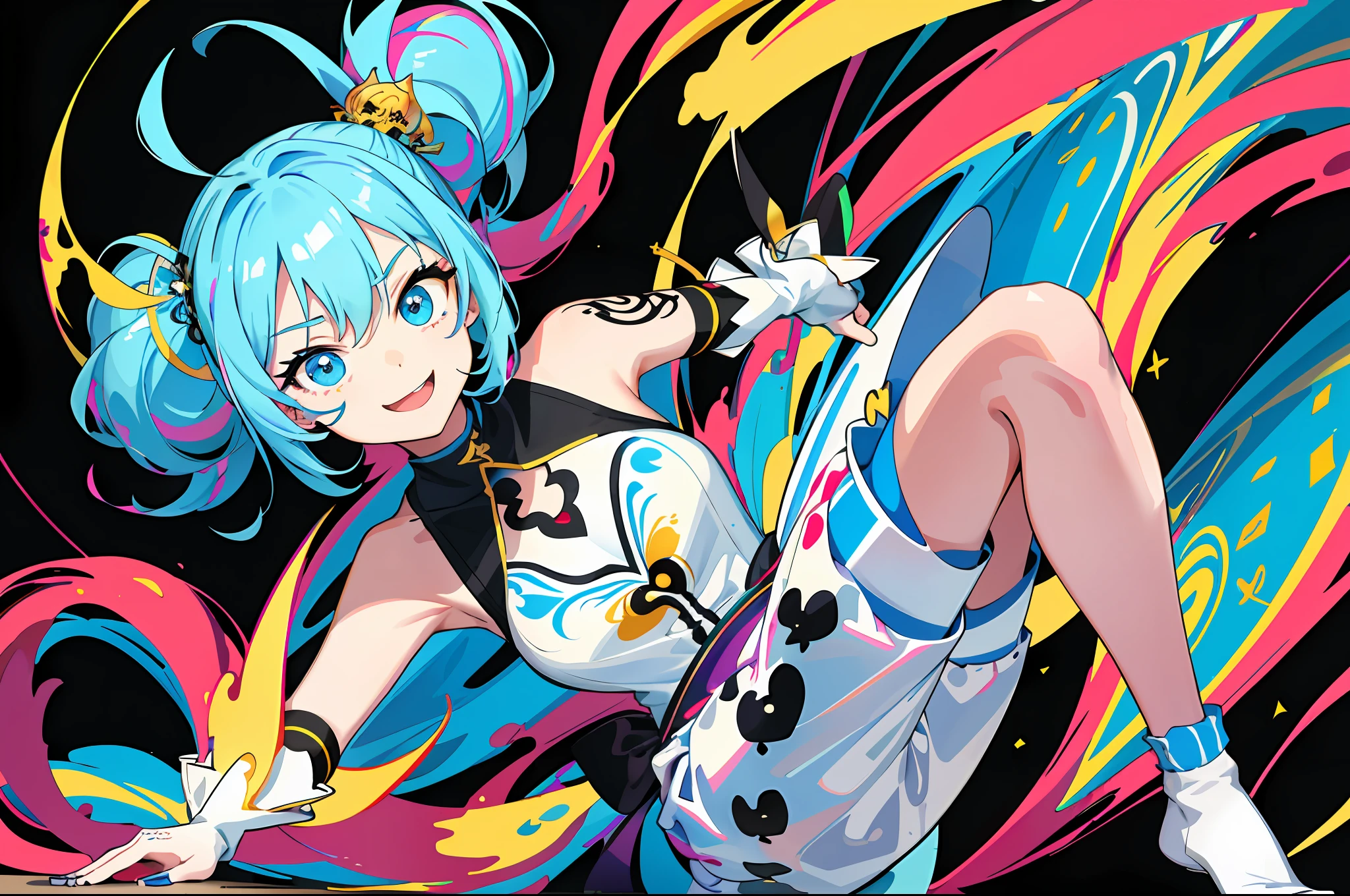 8K,Master Masterpiece, best qualiy,high - resolution, absurdress, Ultra-detail, 1 girl,17yearsold,(Cartoon style:1.4),love live,Bright smile,Well-formed face,Dynamic poses,Cute, Pop,full - body,Colorful hair、Large eyes, (Ink design background:1.3),Brightly colored clothes based on white