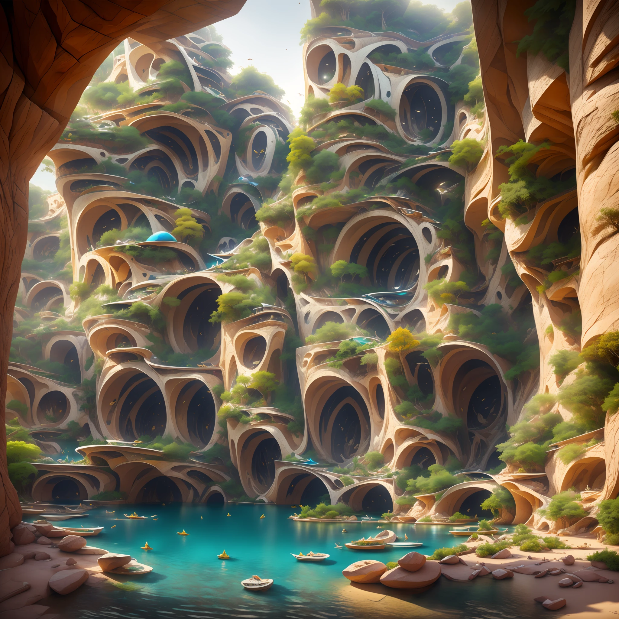 :an awesome sunny cheerful day environment concept art of Futuristic design of cave architecture interiors concept art on grand Canyon caves nature architecture, proportional,detailed, cave architecture nature meets futuristic architecture on a rainforest jungle cliff with huge waterfalls,Crepuscular rays, nature meets modern architecture in the style of Aries Moross, Rem Koolhaas,Daniel Libeskind, Jean Nouvel, Paolo Soleri,Toyo Ito and Philip Johnson with Dry brush drawing style ,Chiaroscuro village,cliff side residential area, mixed development,nature architecture,bright colors,high rise made up staircases, balconies, full of glass facades,carved from rocks, masterpiece, proportional, detailed, trending on artstation, beautiful lighting, realistic, intricate