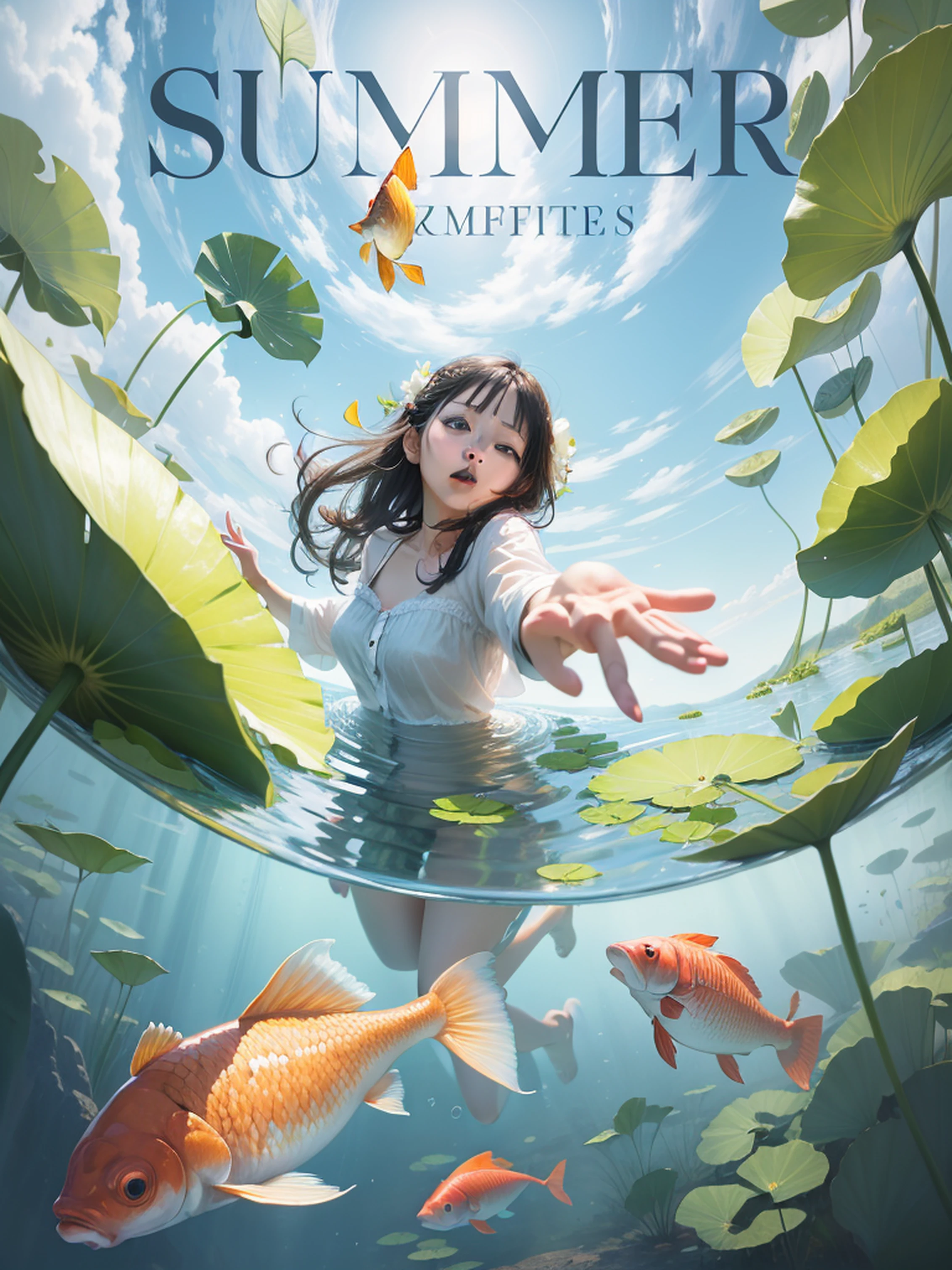 The woman reached into the water，There are carp and lotus leaves in the water --auto