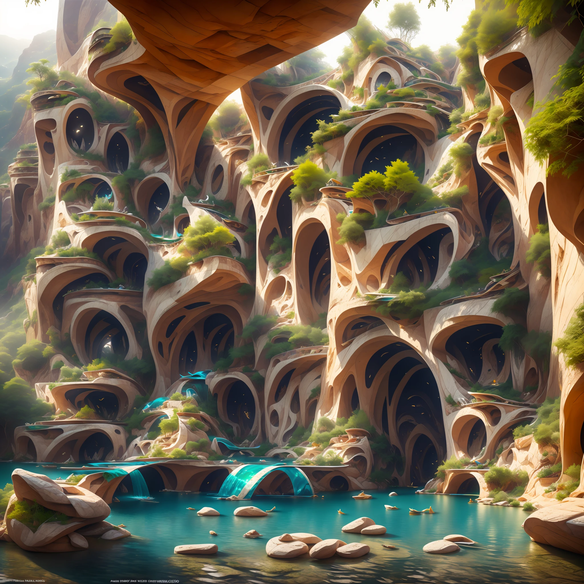 :an awesome sunny cheerful day environment concept art of Futuristic design of cave architecture interiors concept art on grand Canyon caves nature architecture, proportional,detailed, cave architecture nature meets futuristic architecture on a rainforest jungle cliff with huge waterfalls,Crepuscular rays, nature meets modern architecture in the style of Aries Moross, Rem Koolhaas,Daniel Libeskind, Jean Nouvel, Paolo Soleri,Toyo Ito and Philip Johnson with Dry brush drawing style ,Chiaroscuro village,cliff side residential area, mixed development,nature architecture,bright colors,high rise made up staircases, balconies, full of glass facades,carved from rocks, masterpiece, proportional, detailed, trending on artstation, beautiful lighting, realistic, intricate