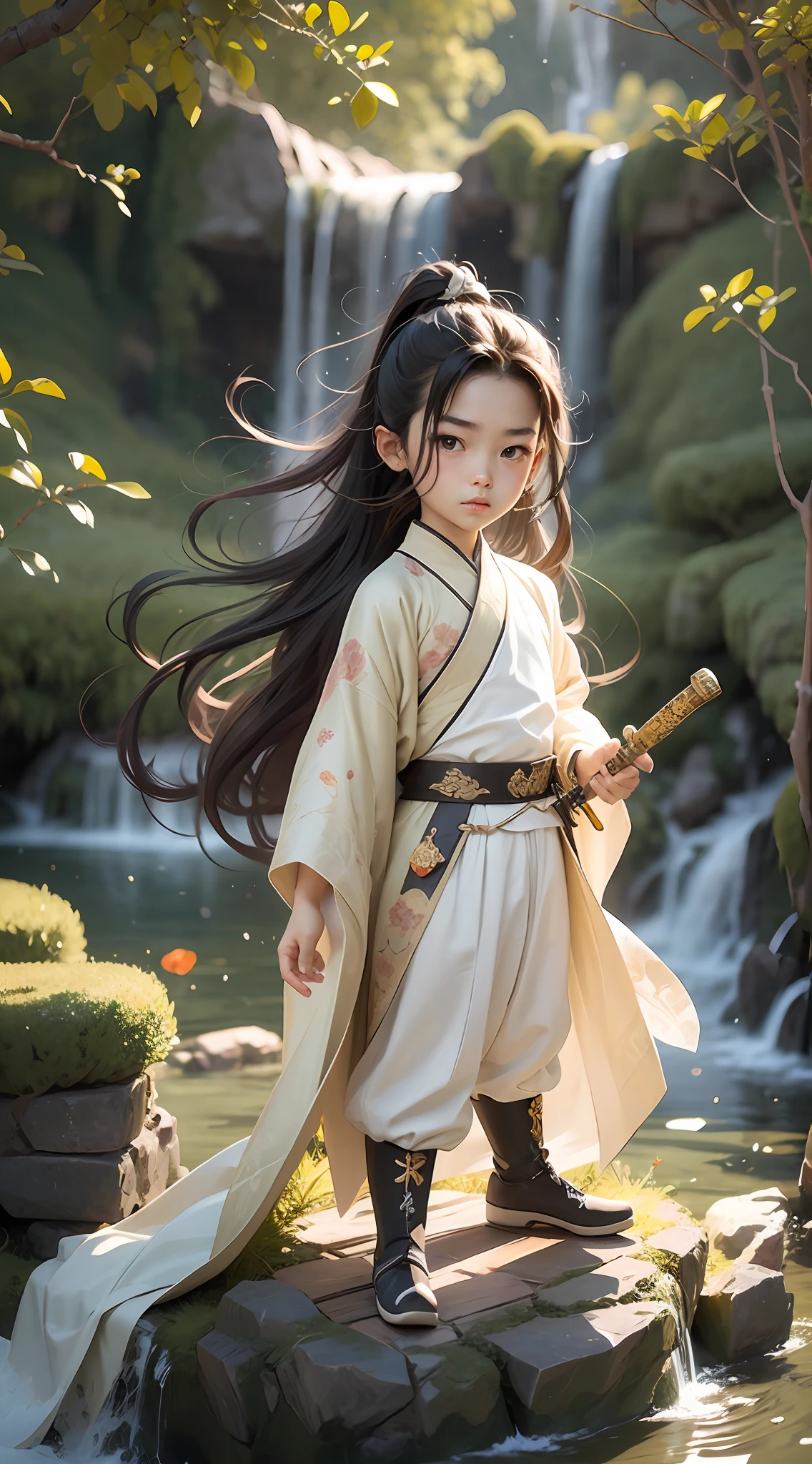 Chibi T-Shi，Full body，1boys，Ancient Chinese 4--old ，Cool，Masculinity，Sword in hand，Sword：1.3，with long black hair，Hanfu，White clothes fluttering，Gold stroke，Cliffs and waterfalls in the background，