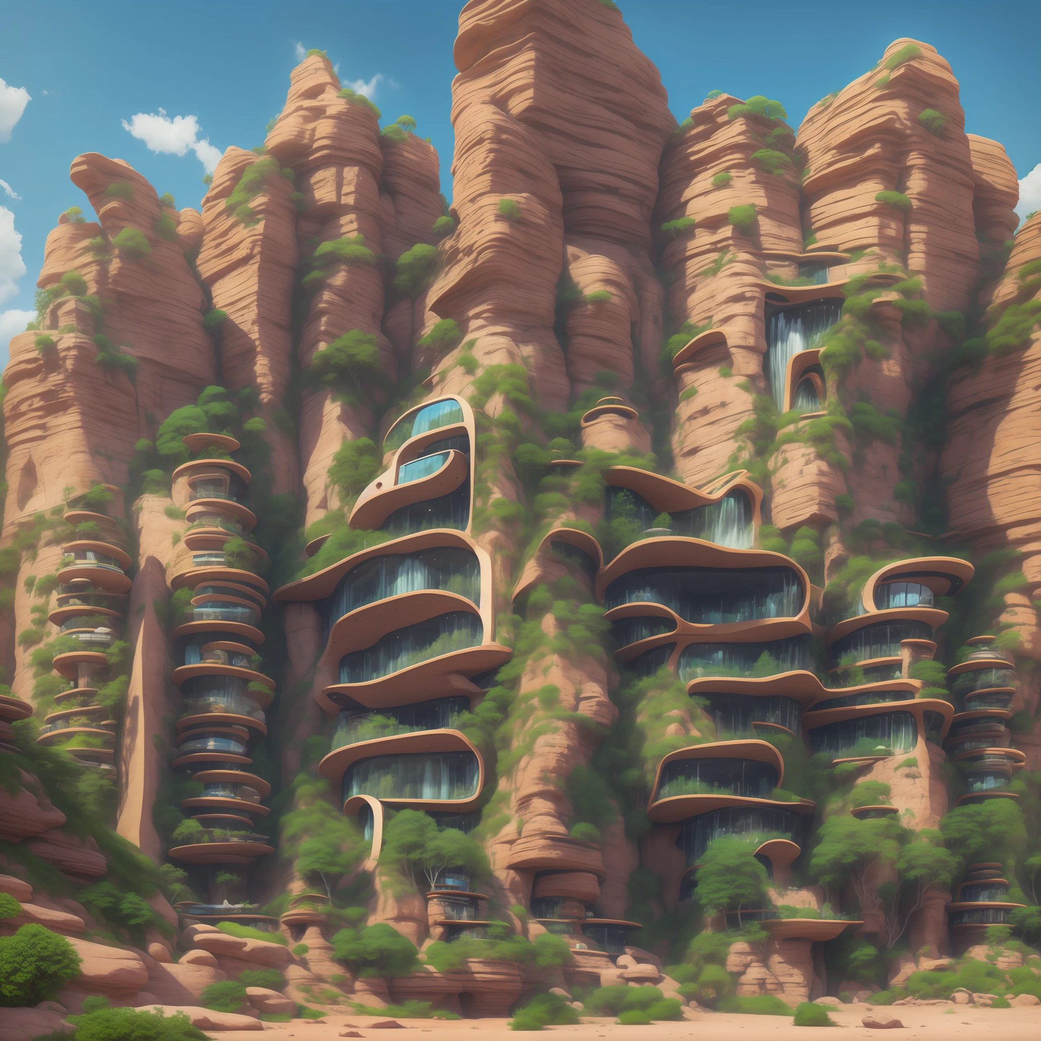 :an awesome sunny cheerful day environment concept art of Futuristic design of cave architecture interiors concept art on grand Canyon caves nature architecture, proportional,detailed, cave architecture nature meets futuristic architecture on a rainforest jungle cliff with huge waterfalls,Crepuscular rays, nature meets modern architecture in the style of Aries Moross, Rem Koolhaas,Daniel Libeskind, Jean Nouvel, Paolo Soleri,Toyo Ito and Philip Johnson with Dry brush drawing style ,Chiaroscuro village,cliff side residential area, mixed development,nature architecture,bright colors,high rise made up staircases, balconies, full of glass facades,carved from rocks, masterpiece, proportional, detailed, trending on artstation, beautiful lighting, realistic, intricate