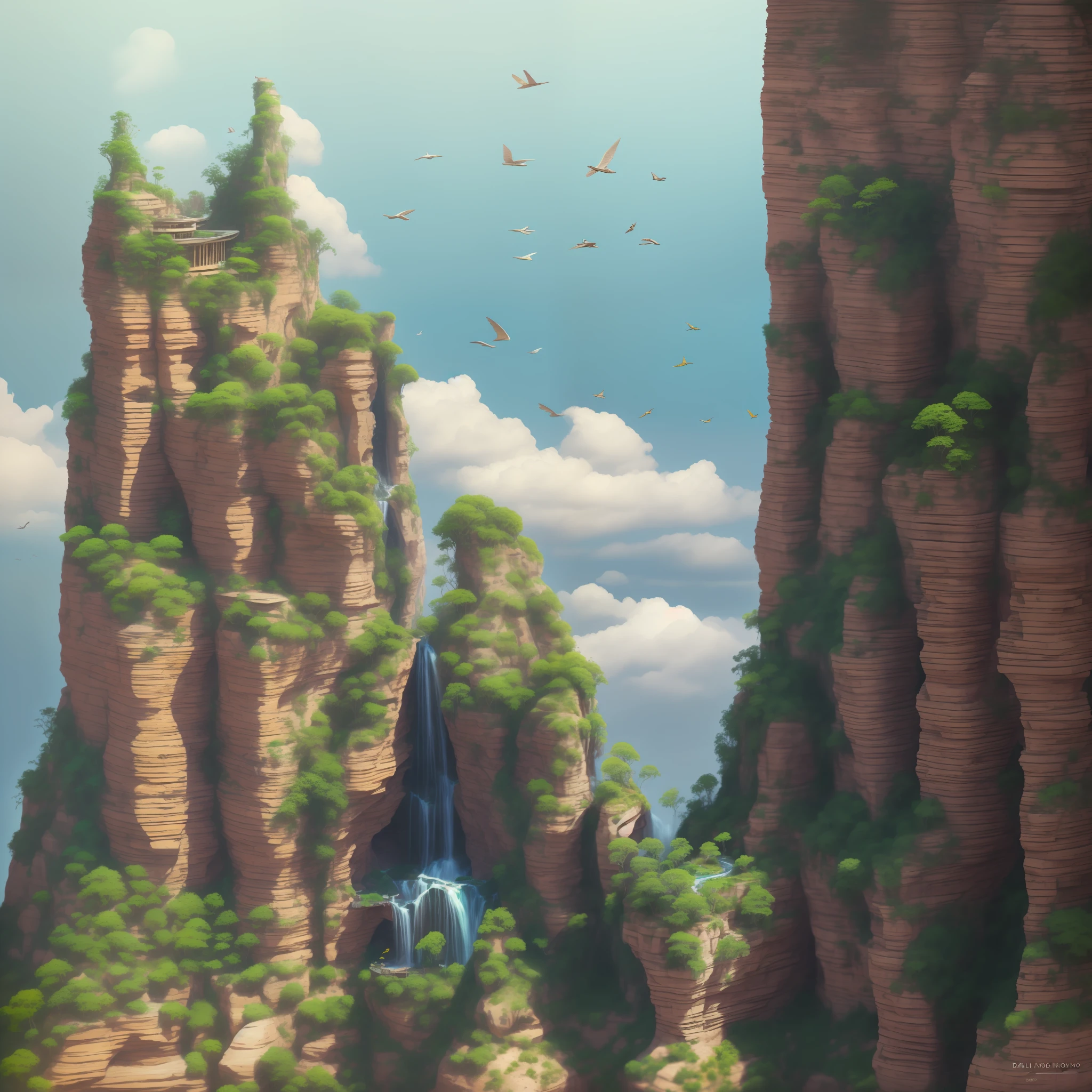 :an awesome sunny cheerful day environment concept art of Futuristic design of cave architecture interiors concept art on grand Canyon caves nature architecture, proportional,detailed, cave architecture nature meets futuristic architecture on a rainforest jungle cliff with huge waterfalls,Crepuscular rays, nature meets modern architecture in the style of Aries Moross, Rem Koolhaas,Daniel Libeskind, Jean Nouvel, Paolo Soleri,Toyo Ito and Philip Johnson with Dry brush drawing style ,Chiaroscuro village,cliff side residential area, mixed development,nature architecture,bright colors,high rise made up staircases, balconies, full of glass facades,carved from rocks, masterpiece, proportional, detailed, trending on artstation, beautiful lighting, realistic, intricate