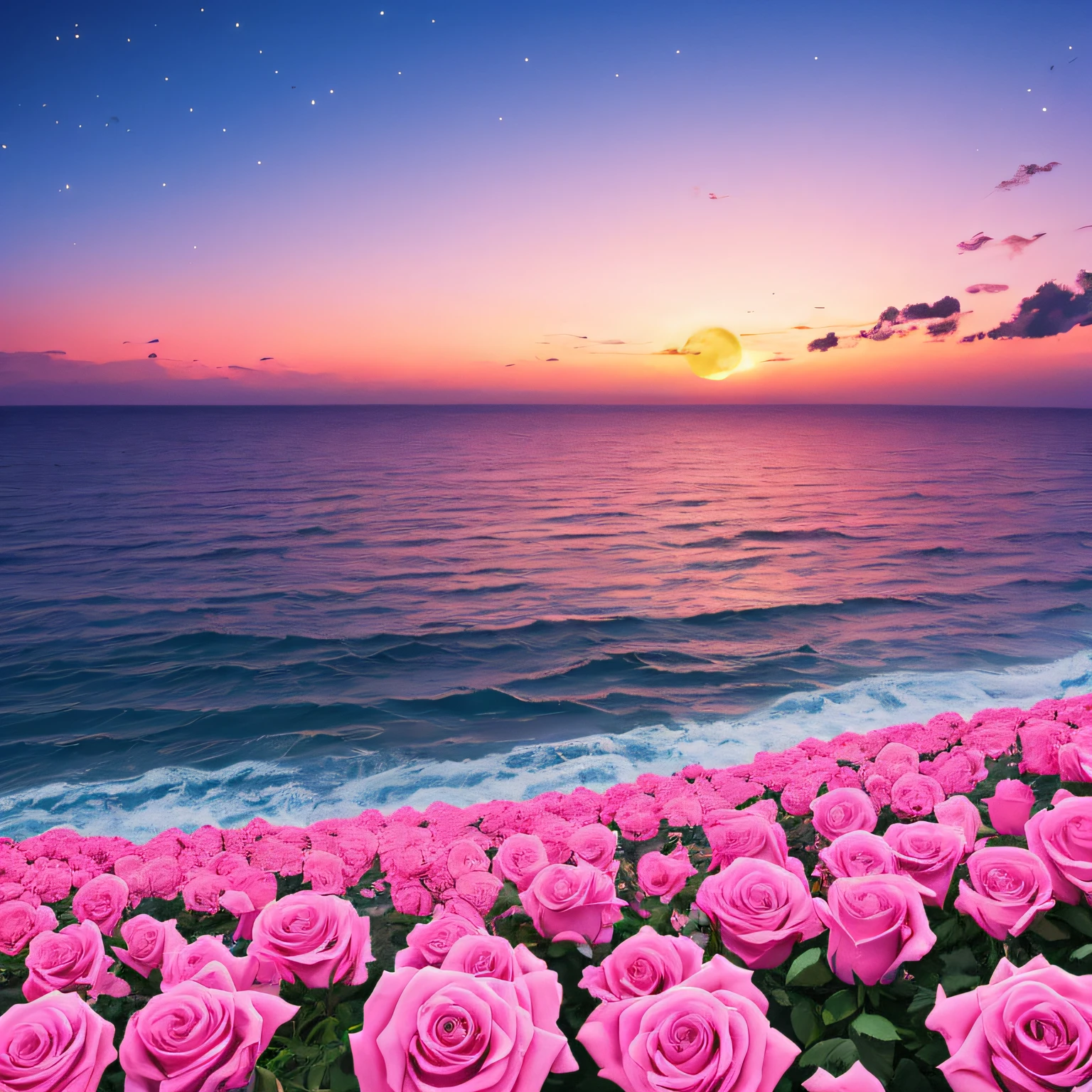 Pink moon, pink sky, soft pink clouds, pink ocean waves sparkling, sparkling, pink roses on pink ocean, fantasy, diamond, crown, universe, soft lights, --auto
