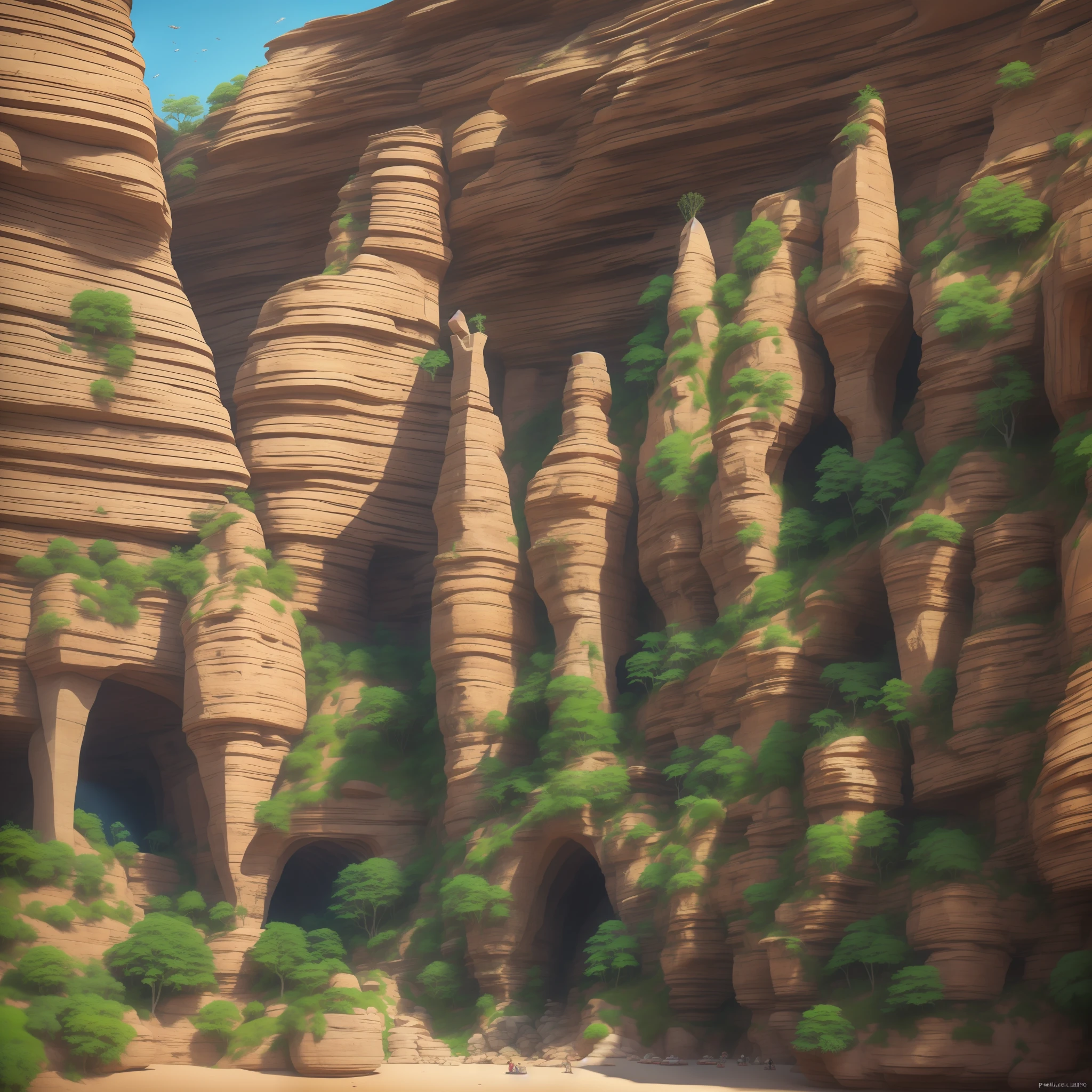 :an awesome sunny cheerful day environment concept art of Futuristic design of cave architecture interiors concept art on grand Canyon caves nature architecture, proportional,detailed, cave architecture nature meets futuristic architecture on a rainforest jungle cliff with huge waterfalls,Crepuscular rays, nature meets modern architecture in the style of Aries Moross, Rem Koolhaas,Daniel Libeskind, Jean Nouvel, Paolo Soleri,Toyo Ito and Philip Johnson with Dry brush drawing style ,Chiaroscuro village,cliff side residential area, mixed development,nature architecture,bright colors,high rise made up staircases, balconies, full of glass facades,carved from rocks, masterpiece, proportional, detailed, trending on artstation, beautiful lighting, realistic, intricate
