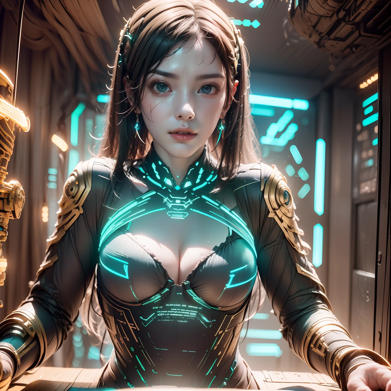 ((Best quality)), ((masterpiece)), (detailed:1.4), 3D, a beautiful cyberpunk female figure with thick hair, indoors, looking at an electronic screen, thinking about problems, looking focused, holding an electronic pen in hand, inside the spaceship, (((seven-dimensional photo)), (full-coverage electronic leather clothing), luminescence, light particles, (((glow)), pure energy chaos anti-technology, HDR (high dynamic range), (high light and dark contrast), ray tracing, NVIDIA RTX, Super-Resolution, Unreal 5, Subsurface scattering, PBR Texturing, Post-processing, Anisotropic Filtering, Depth-of-field, Maximum clarity and sharpness, Multi-layered textures, Albedo and Specular maps, Surface shading, Accurate simulation of light-material interactions, Perfect Proportions, Octane Render, two-tone lighting, large aperture, low ISO, white balance, rule of thirds, 8K RAW