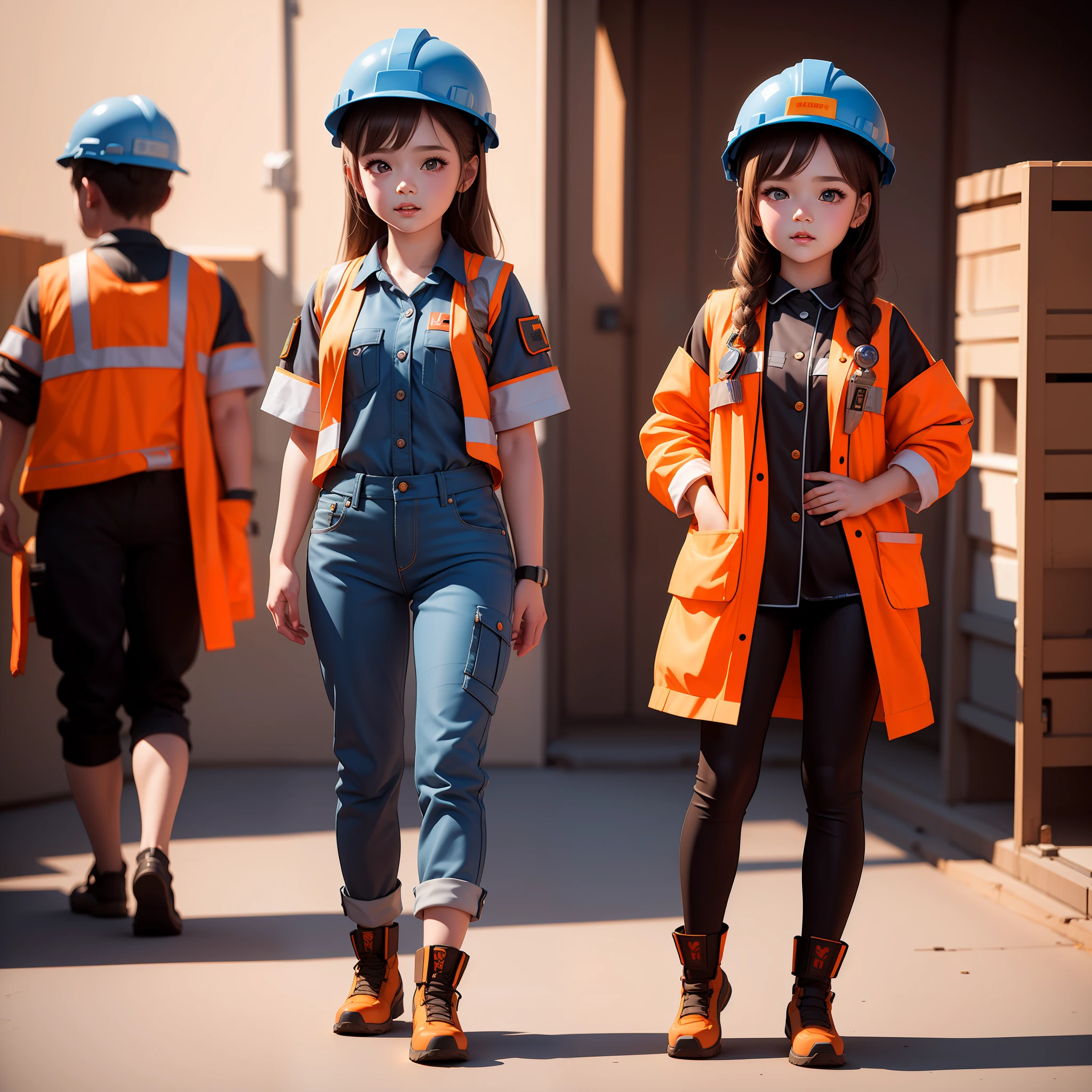 a girl in an orange construction uniform and helmet, adorable digital painting, worksafe.cgsociety, worksafe. cgsociety, render of a cute 3d anime girl, realistic cute girl painting, 3 d character art, yanjun chengt, cg artist, high quality character design, small character. unreal engine 5, photorealistic anime girl render