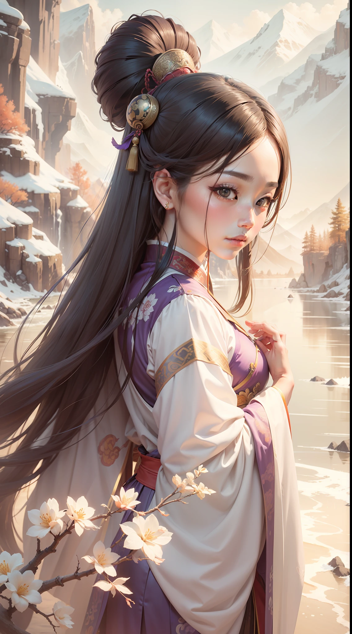 Between mountains and rivers Between mountains and rivers POV perspective Song Dynasty painter Zhao Ji style Characters are soft and beautiful Dressed in purple --auto