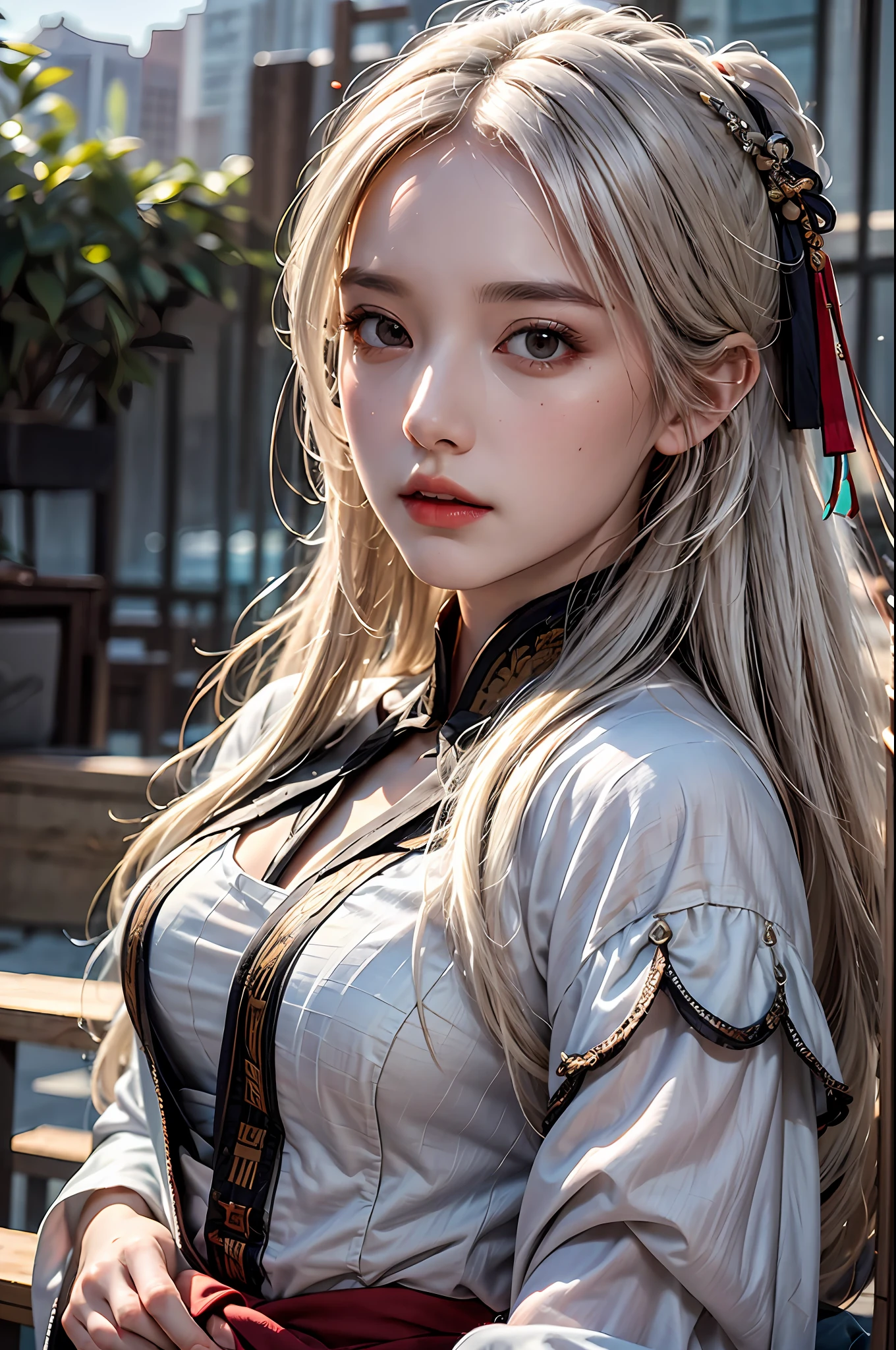 best quality, masterpiece, ultra-detailed, detailed light, (RAW photo:1.2), (photorealistic:1.4),(masterpiece:1.3),(best quality:1.4) 1girl, detailed face, solo, waist up, long hair, sky, dress, armor, cloud, chinese clothes