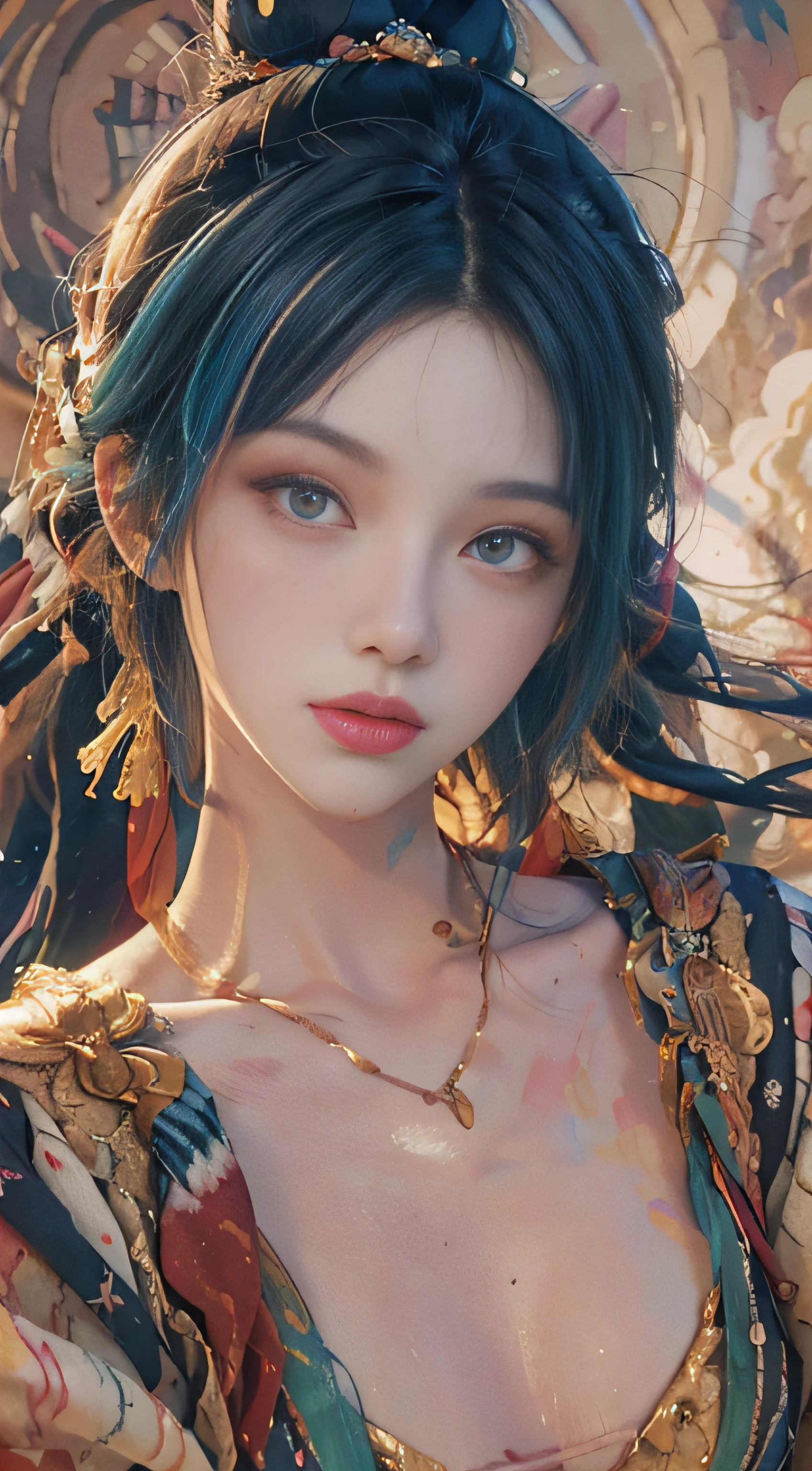 ((((masterpiece))), ((best quality))), ((super detailed)), (illustration), (dynamic angle), ((floating)), (paint), ((loose hair)), (solo), (1girl), (detailed anima face))), ((beautiful detailed face)), ((colored hair)), ((striped hair)), (gradient eyes), (((colored eyes))), (white cloud background))), (((high saturation)))),(((surrounded by colored paint)))(((bra)))(((upper body photo)))) ultra-detailed, beautiful and aesthetic, masterpiece, best quality, most beautiful form chaotic, elegant, brutalist design,
