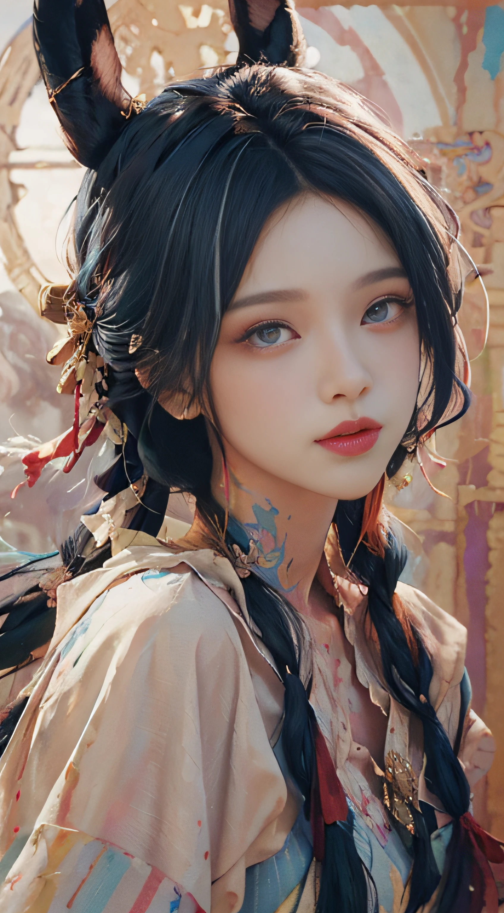((((masterpiece))), ((best quality))), ((super detailed)), (illustration), (dynamic angle), ((floating)), (paint), ((loose hair)), (solo), (1girl), (detailed anima face))), ((beautiful detailed face)), ((colored hair)), ((striped hair)), (gradient eyes), (((colored eyes))), (white cloud background))), (((high saturation)))),(((surrounded by colored paint)))(((bra)))(((upper body photo)))) ultra-detailed, beautiful and aesthetic, masterpiece, best quality, most beautiful form chaotic, elegant, brutalist design,