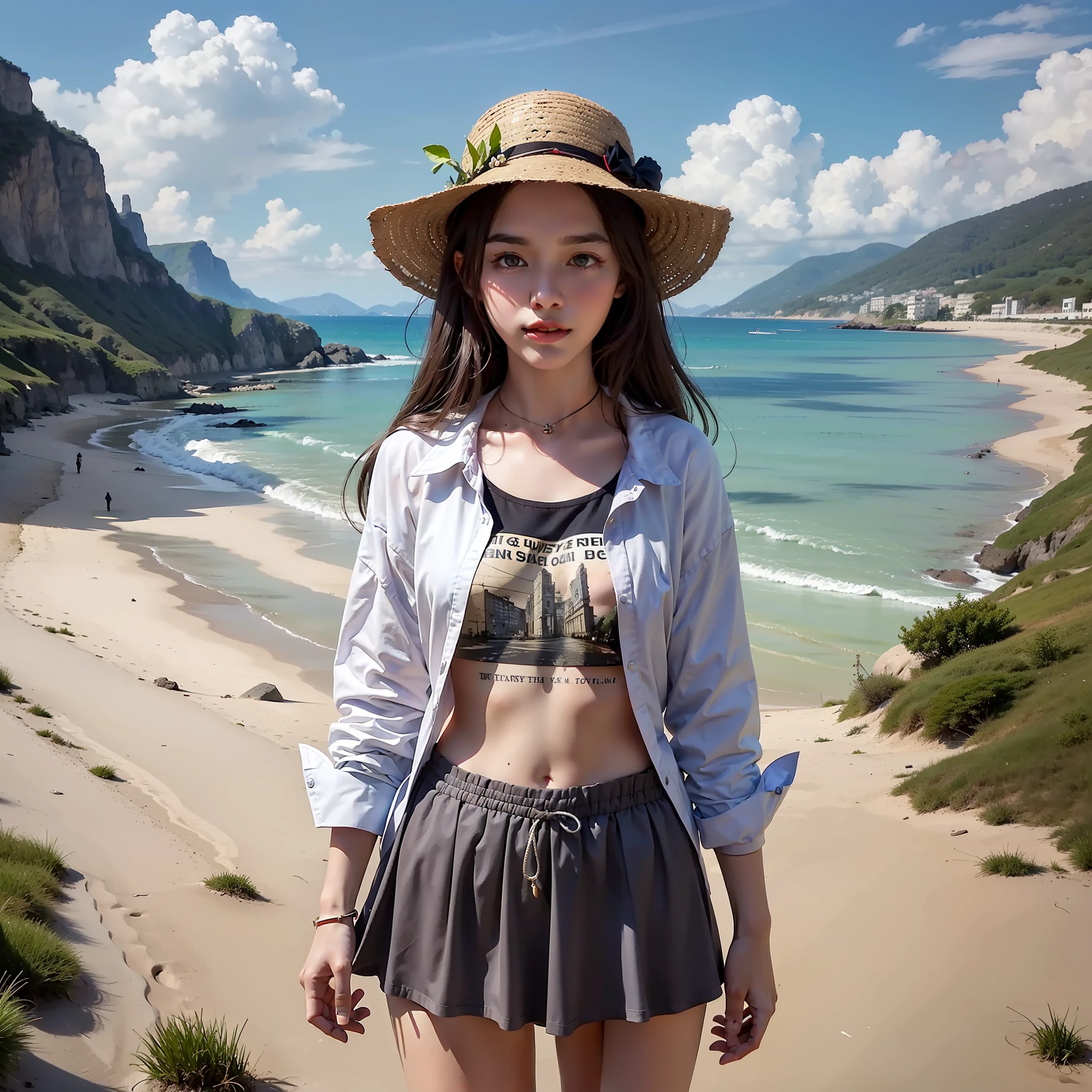 Certainly! Here's a modified version of the prompt that incorporates the girl's fashion preferences:
"In a small coastal town, a mysterious bottle washes ashore. Inside the bottle is an ancient map that leads to a hidden treasure. Write a story about the journey of a group of unlikely companions, including a confident and fashion-forward girl wearing mini skirts and stylish t-shirts, as they set off to uncover the secrets of the map and the adventures they encounter along the way."
Feel free to use this prompt as inspiration for your own writing or let me know if you would like another one.