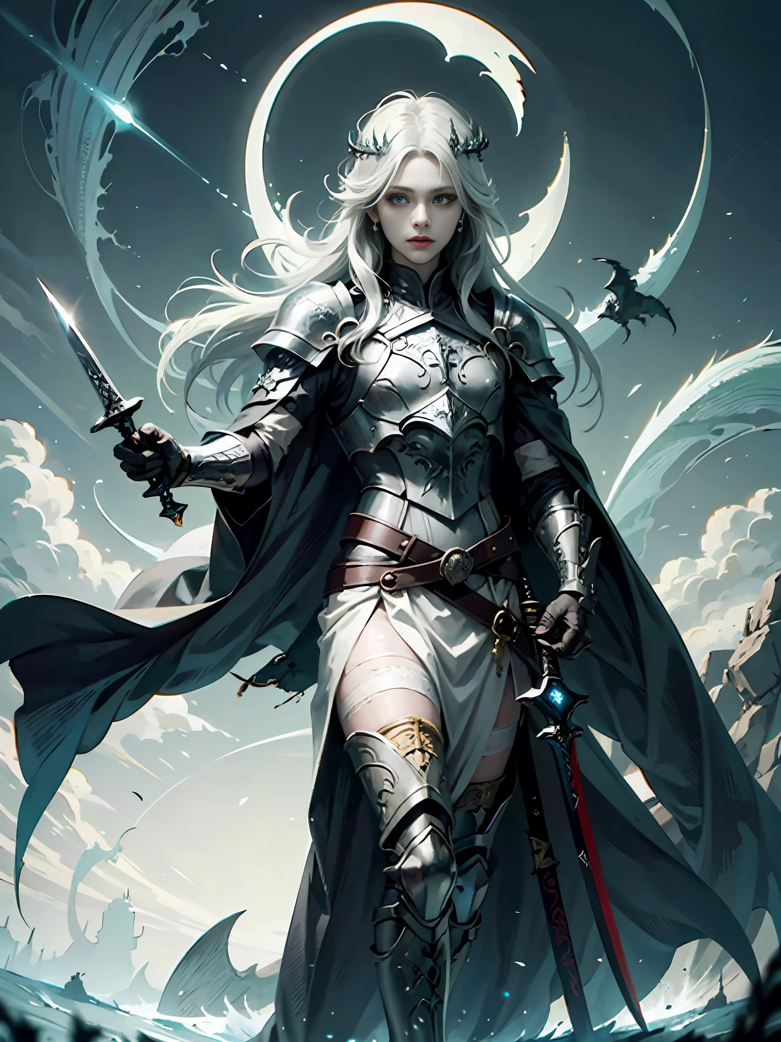 Male 1、Prince with long silver hair、Red glowing eyes and white skin、Wearing a dragon crown、The part of the black sword blade that has is、Runes are engraved from the base to the tip of the blade、Glows pale and white、Wearing monotone black armor with decorations、Two moons, white and red, float in the background