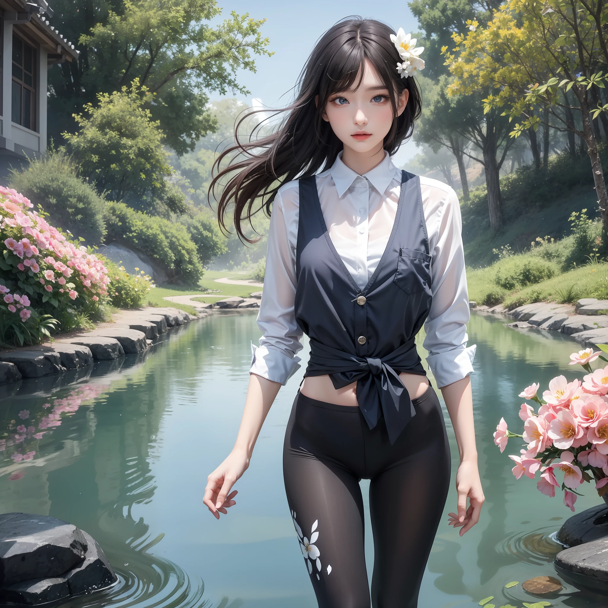 Sparkling lake，Trees overgrow，A hundred flowers argue。
Beautiful girl，Flowing hair and crystal clear lake water，untidy，Flowing，melt，Water mist effect，Elegant blue gradient，intricated，octane rendered，Depth。Graceful，Graceful，Small man's waist，Vest line，Long legs。
Fitted with a suspender pocket，Colorful swimming trunks，Sexy tights。
Detailed eyes，Starry eyes，shiny glistening eyes，incredible detail，Extreme close-up，The ultra-Realistically，muted colors，Baohe style painting，Transparent fragments，air bubbles，Flowing beads，Everything melts and flows，Fractal，8K