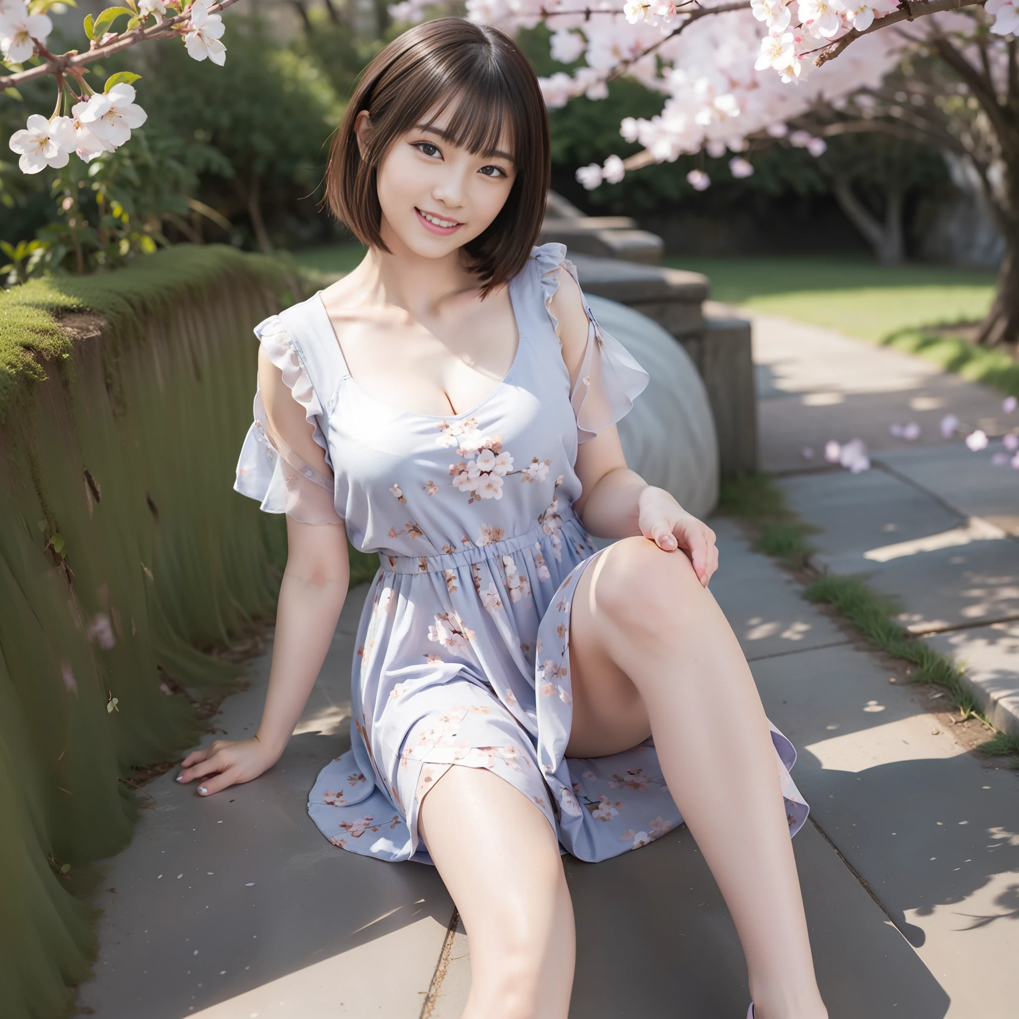 best qualiy、ultra-highresolution、(Photoreal:1.4)、blushes、a Pretty、(details face)、Light Smile、Looking at the camera、Upper bust、The dress、clear weather、elven、(cherry blossom)、A blue sky、Brown hair、Bob Hair、Sareme、Slender、full - body、Detailed fingertips、One lady、独奏、Dressing、beauty legs、Dressing