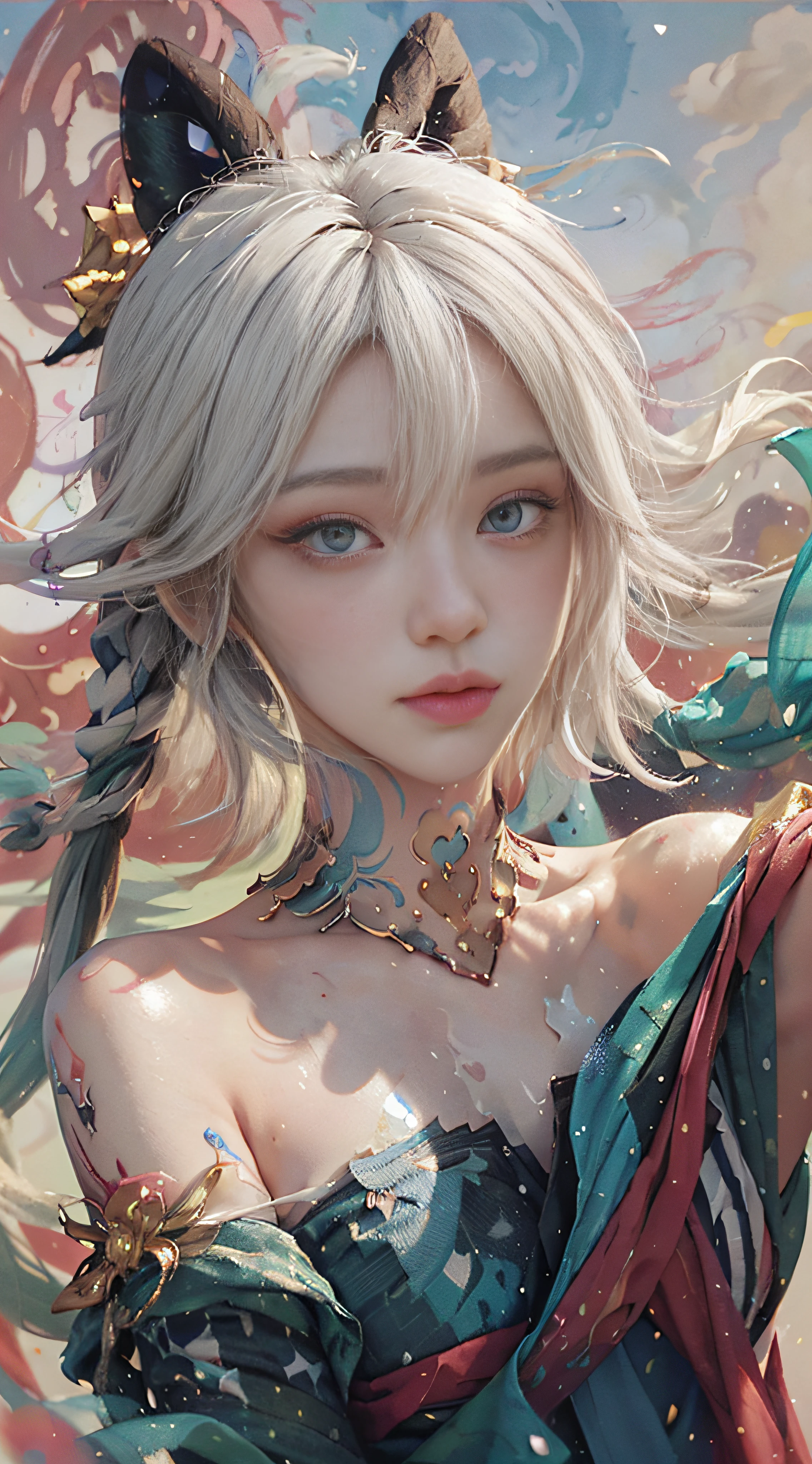 Big watery eyes, (rainbow hair: 1.6), color splash, (solo:1.8), (elegant: 1.2), gorgeous, long hair, wind, (elegant: 1.3), (petals: 1.4), ((masterpiece))), ((best quality)), (ultra-detailed), (illustration), (dynamic angle), ((floating), (paint), ((loose hair)), (solo), (1girl), ( ( ( (detailed anima face)))), ((beautiful detailed face)), collar, bare shoulders, white hair, ((colored hair)), ((striped hair)), beautiful detailed eyes, ((gradient eyes), (colored eyes))), (white cloud background))), (high saturation))), ((surrounded by colorful splashes))