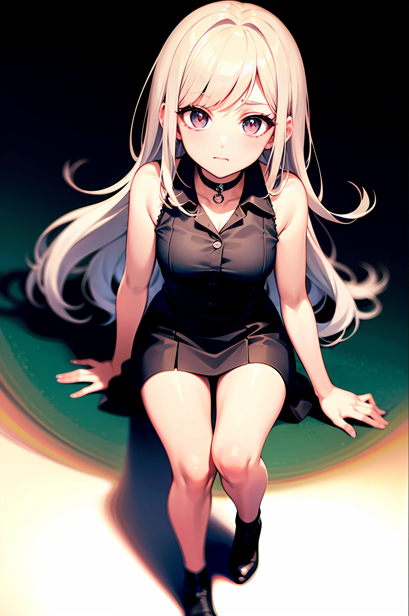 best quality, ultra high res, 1girl, sleeveless white button shirt, black skirt, black choker, cute, (Kpop idol), (aegyo sal:1), (platinum blonde hair:1), ((puffy eyes)), looking at viewer, full body, facing front