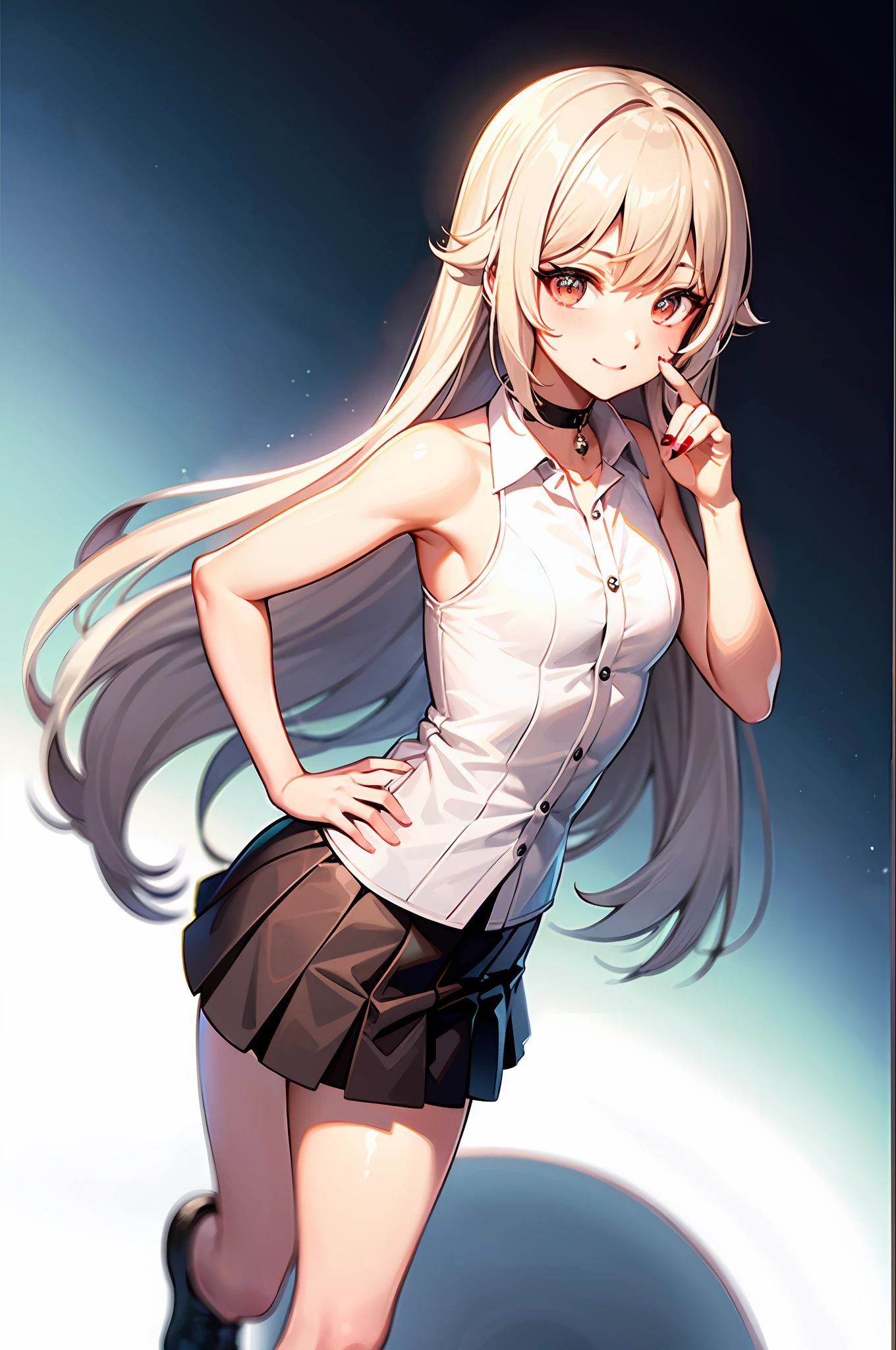best quality, ultra high res, 1girl, sleeveless white button shirt, black skirt, black choker, cute, (Kpop idol), (aegyo sal:1), (platinum blonde hair:1), ((puffy eyes)), looking at viewer, full body, facing front
