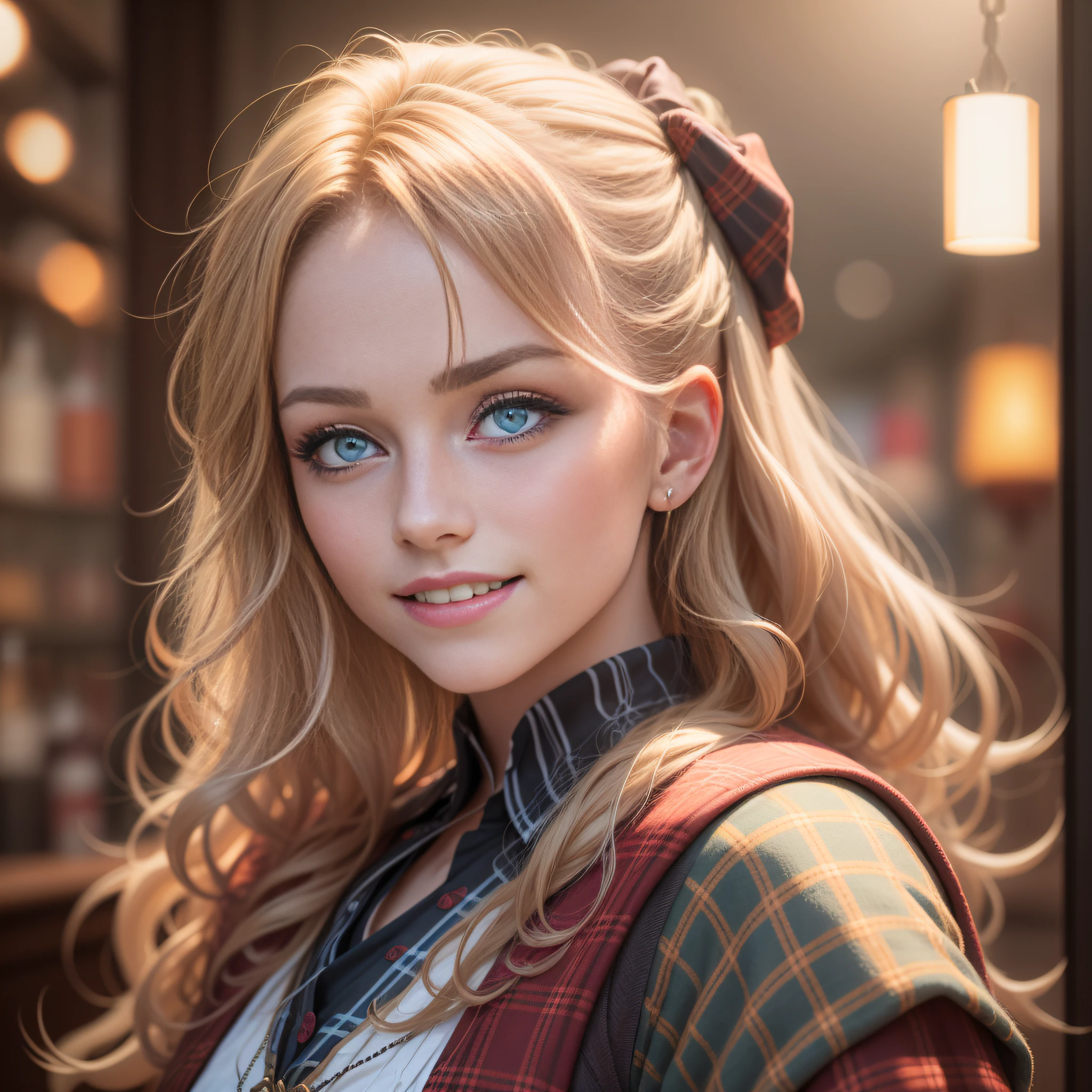 Scotland traditional dancer, portrait of a photorealistic incredibily beautiful happy woman, 20 yr, half smiling, staring at camera in front, intense coloration fantasy, light hair, a stunning realistic photograph 20 years , Random hair, random color eyes, Luminism, Bar lighting,