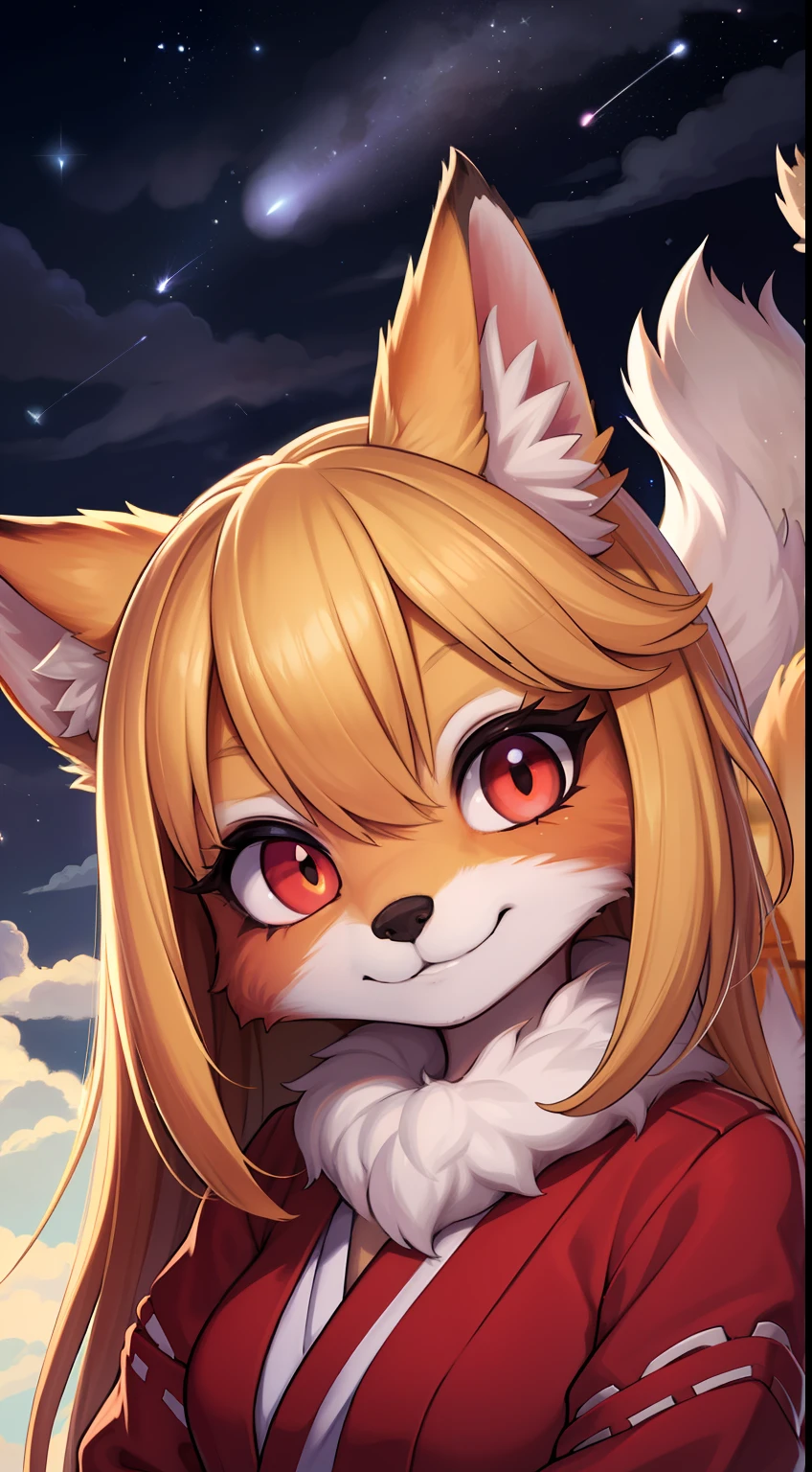 red fox,gal girl,Longhaire,shaggy,Golden fur,Golden yellow face fur,Long blonde hair, Bright pupils,Color Contact Lenses ,Red eyes,Super cute face,Brown elements on fur,miko,Beautiful lights and shadows,Ambient light,Ultra-fine fur,Volumetric light,night,Clouds and stars in the sky,The sky outside is starry ,shooting stars,,smiled,Fluffy tail