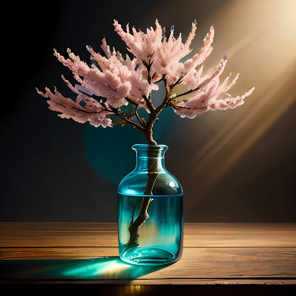 sakura tree in a bottle, fluffy, realistic, atmospheric light refraction, by lee jeffries nikon d850 film stock photograph 4 kodak portra 400 camera f1.6 lens rich colors hyper realistic lifelike texture dramatic lighting unreal engine trending on artstation cinestill 800, Style-Glass