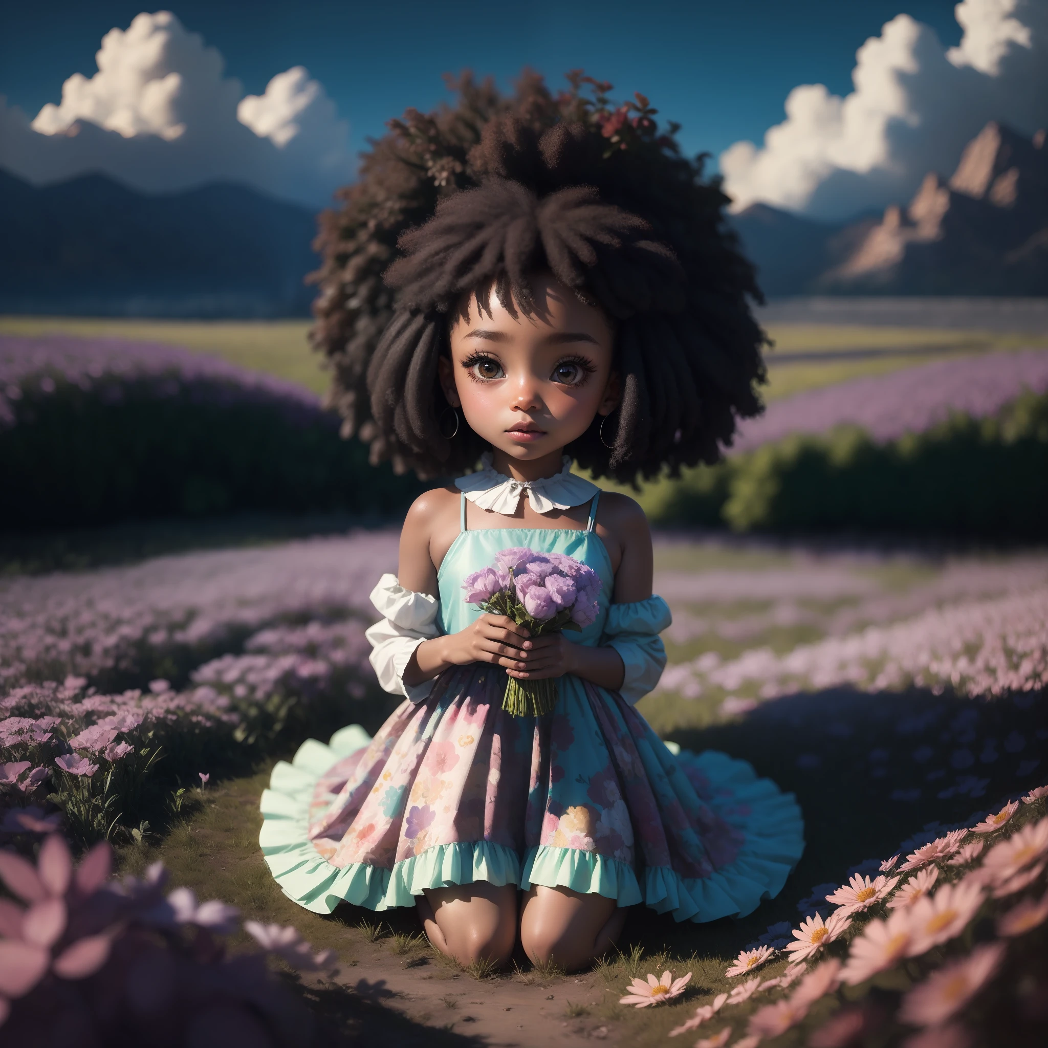 Futuristic Afro cartoon girl with flower in hand kneeling in a field of flowers, bela arte digital, arte digital detalhada bonito, adorable digital painting, afro nas flores, Bom anime, Soft anime illustration, arte fofa, meninanime, kawaii retrato realista, menina chibi, official illation, menina afro bonito, mefro bonito, advancedal chibi art