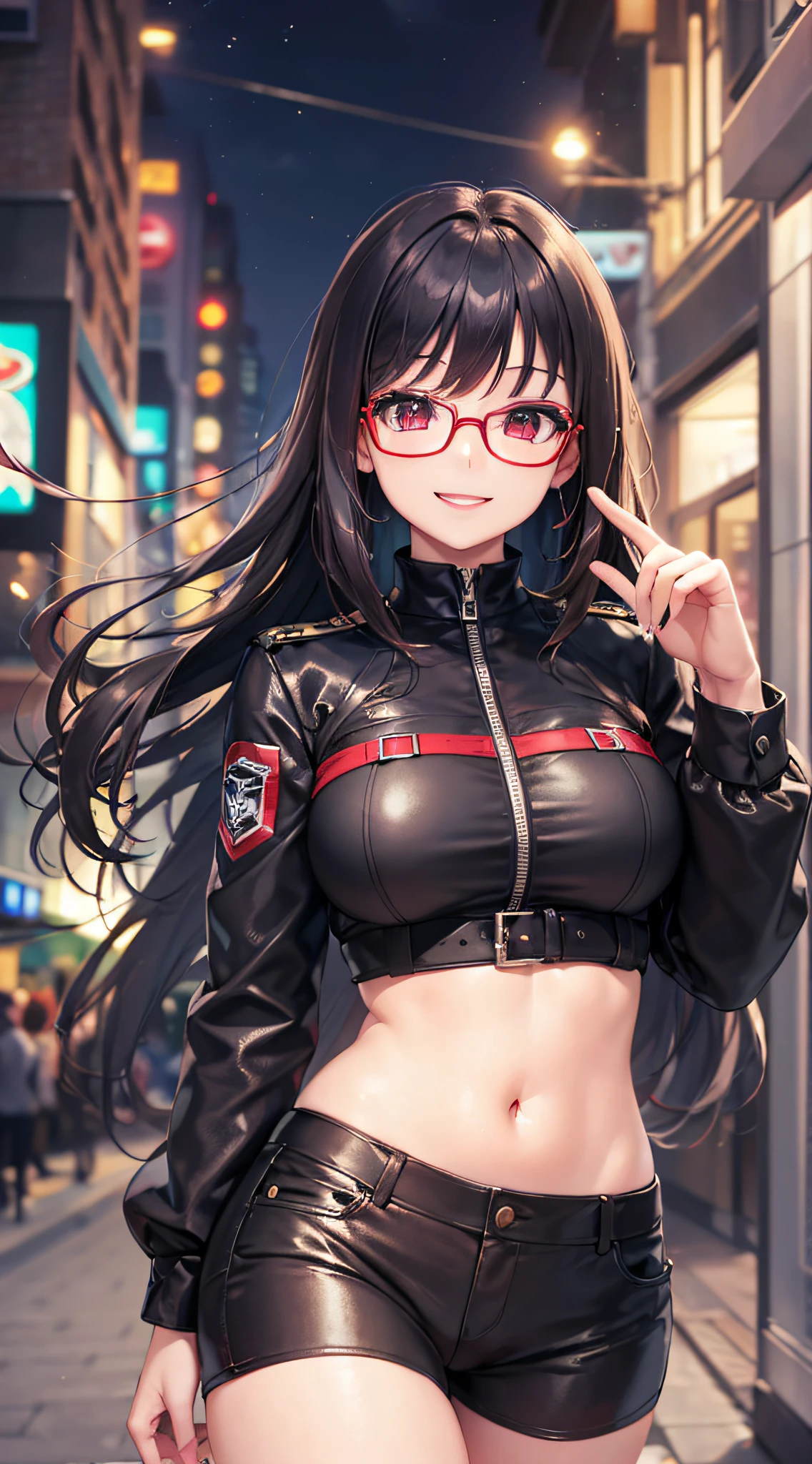(in 8K, best qulity, The Masterpiece:1.2), The girls, a Pretty, The city of the near future, ciber, night, (Sorrisos:1.35), Red eyes, night, Floating hair, blackhair, アニメ, front facing, eyewear, military outfit