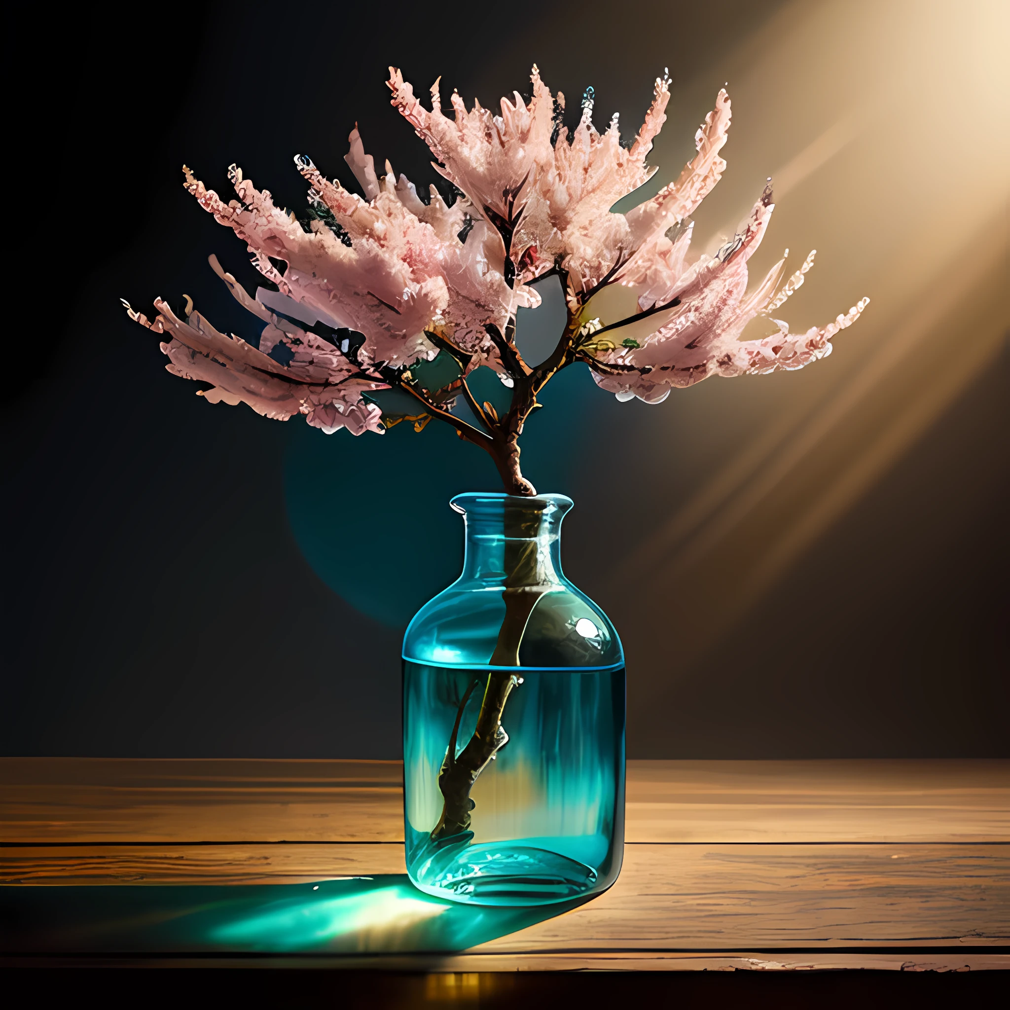 sakura tree in a bottle, fluffy, realistic, atmospheric light refraction, by lee jeffries nikon d850 film stock photograph 4 kodak portra 400 camera f1.6 lens rich colors hyper realistic lifelike texture dramatic lighting unreal engine trending on artstation cinestill 800, Style-Glass