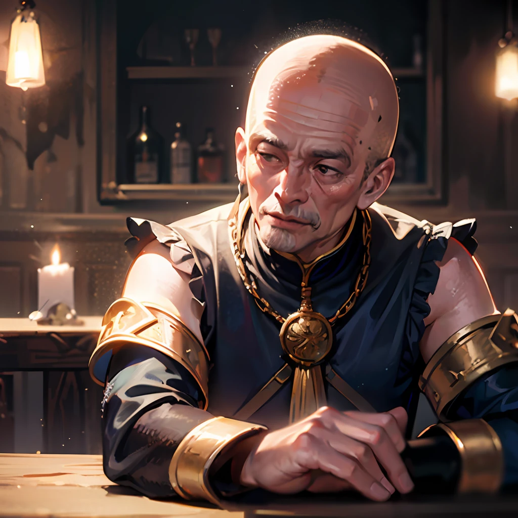 Dynamic scene. Dark tavern in 1200s Italy A cheerful bald warrior is sitting at the table. A very beautiful girl stands behind him and hugs his shoulders. On the table there is a sword and a knight's helmet, a close-up portrait in old worn out clothes, in the style of Disney Pixar, super photorealistic, cinematic. Dark blurred background of a tavern with dim light from a candle. 8k --auto --s2