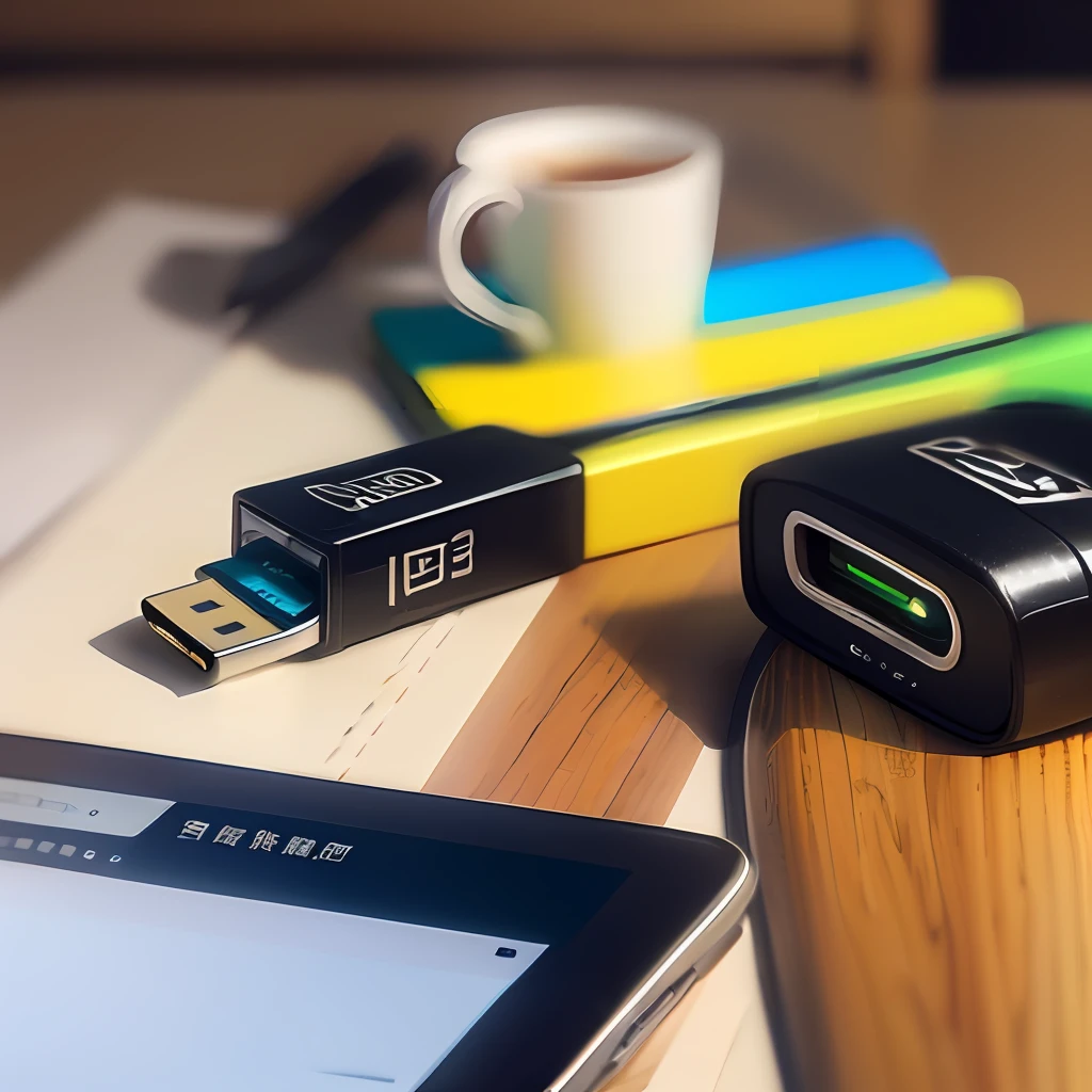 There is only one USB stick on the table，Do not appear any text symbols on the surface of the USB disk，A little decoration on the table，Give this USB stick a close-up，Overall bright style。