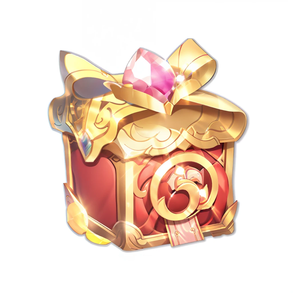 There is a golden gift box，It has a pink bow and a golden ribbon, Unknown, fanbox, fantasy game spell icon, loot box, magic spell icon, magic item, author：Master of Han Chinese, front of the treasure box, presenting magic gem, random detail, mystique, little chest, without text, masterpeice, game icon asset, game icon stylized