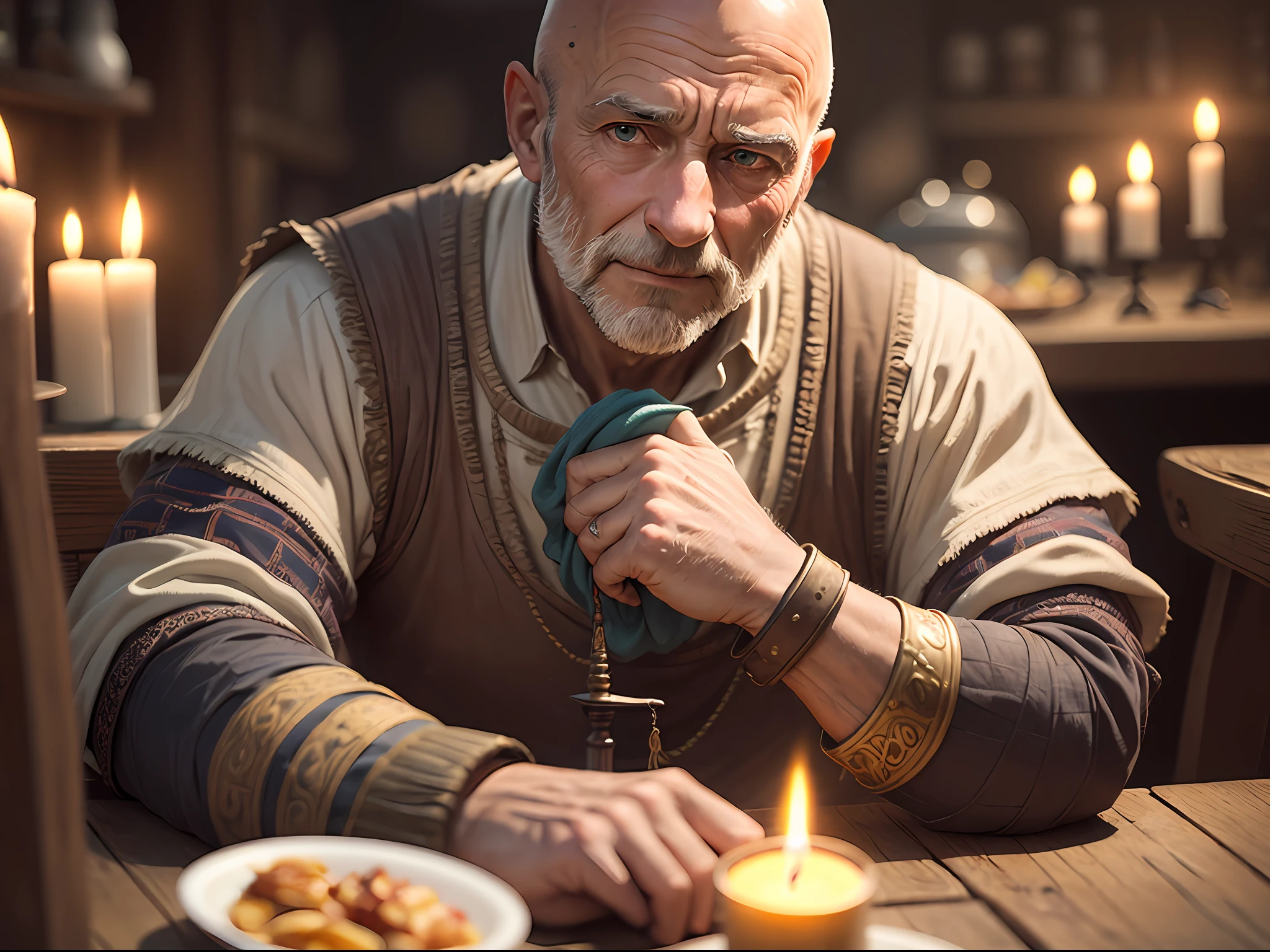 Dark tavern in Italy 1200s Middle Ages. A cheerful bald male warrior sits at a table and cleans a sword, a close-up portrait in old worn out clothes, in the background a very beautiful girl hugs his shoulders. Disney Pixar style, super photorealistic, cinematic. Dark blurred background of a tavern with dim light from a candle. 8k --auto --s2