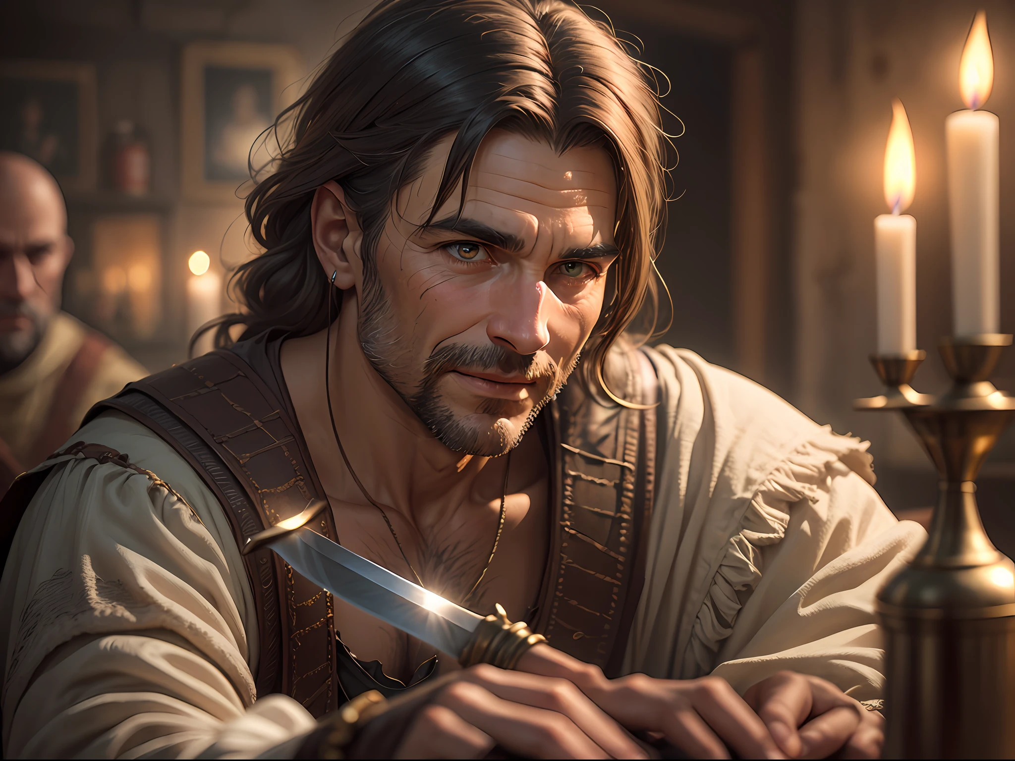 Dark tavern in Italy 1200s Middle Ages. A cheerful bald male warrior sits at a table and cleans a sword, a close-up portrait in old worn out clothes, in the background a very beautiful girl hugs his shoulders. Disney Pixar style, super photorealistic, cinematic. Dark blurred background of a tavern with dim light from a candle. 8k --auto --s2