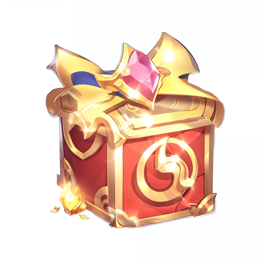 There is a golden gift box，It has a pink bow and a golden ribbon, Unknown, fanbox, fantasy game spell icon, loot box, magic spell icon, magic item, author：Master of Han Chinese, front of the treasure box, presenting magic gem, random detail, mystique, little chest, without text, masterpeice, game icon asset, game icon stylized