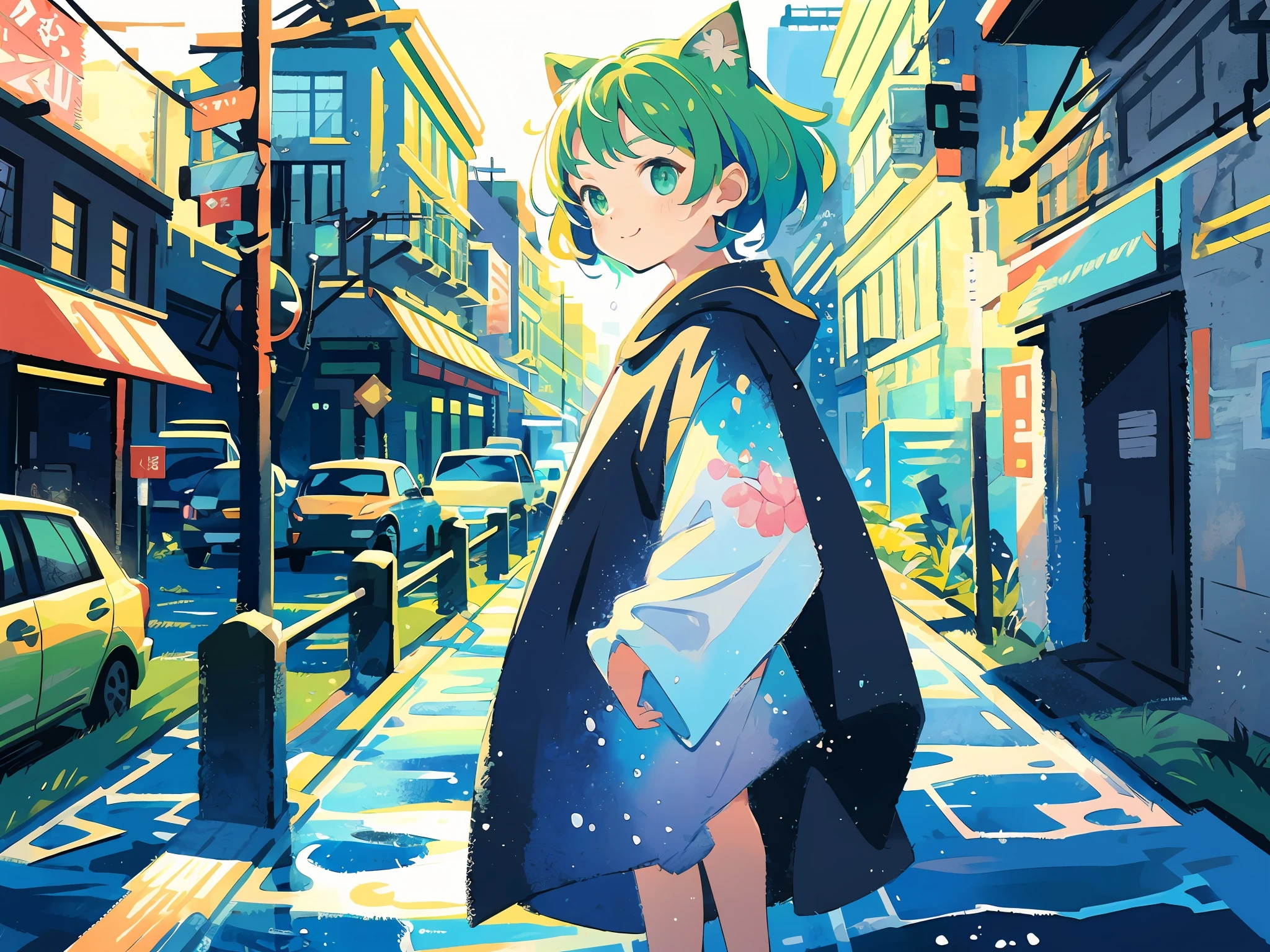 (best qualiy)、(masterwork:1.2)、(colorfully:0.9)、((Ink splashing))、(Color scattering)、(water colors)、Crisp focus、model shot、(((fullbody)))、
(Summer portrait:1.5)、Cute look、cat ear、Elegant green hair、beautyfull detailed face and eyes、Cute clothes、((Urban city background))、TOKYOcty、
colorwater、Urban cityscape