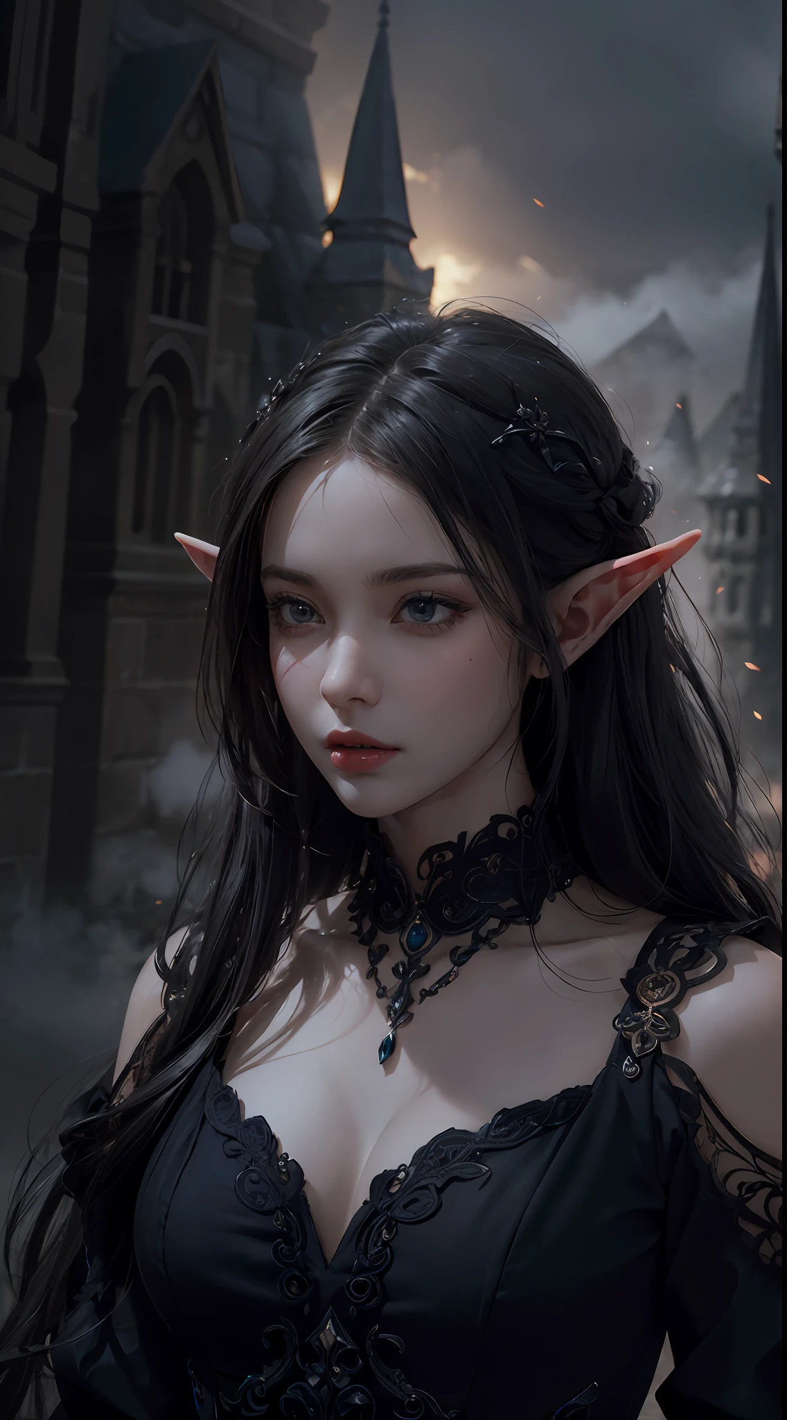 (masterpiece, best quality, award winning, highres), 1 beautiful female elf, skinny, tall, wearing black dress, intricate and beautiful design, highly detailed beautiful face, attractive, cliff, castle, foggy, shadowy, dark, eerie, mysterious, fantasy art, hyper realistic, extremely CG detail, octane render