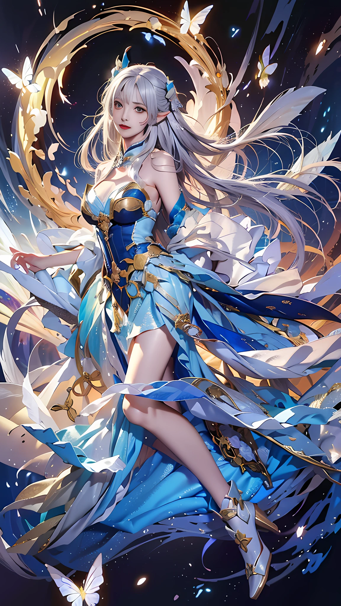 anime girl with white hair and blue dress flying through the air, beautiful celestial mage,Long-eared Elf Queen，Side face，Raise your head slightly，fantastical，by Yang J, 《genshinimpact》in the clear, cushart krenz key art feminine, extremely detailed artgerm, Beautiful young wind spirit, anime goddess, detailed key anime art, white haired deity, Anime fantasy artwork, astral fairy, Beautiful character painting, beautiful anime artwork