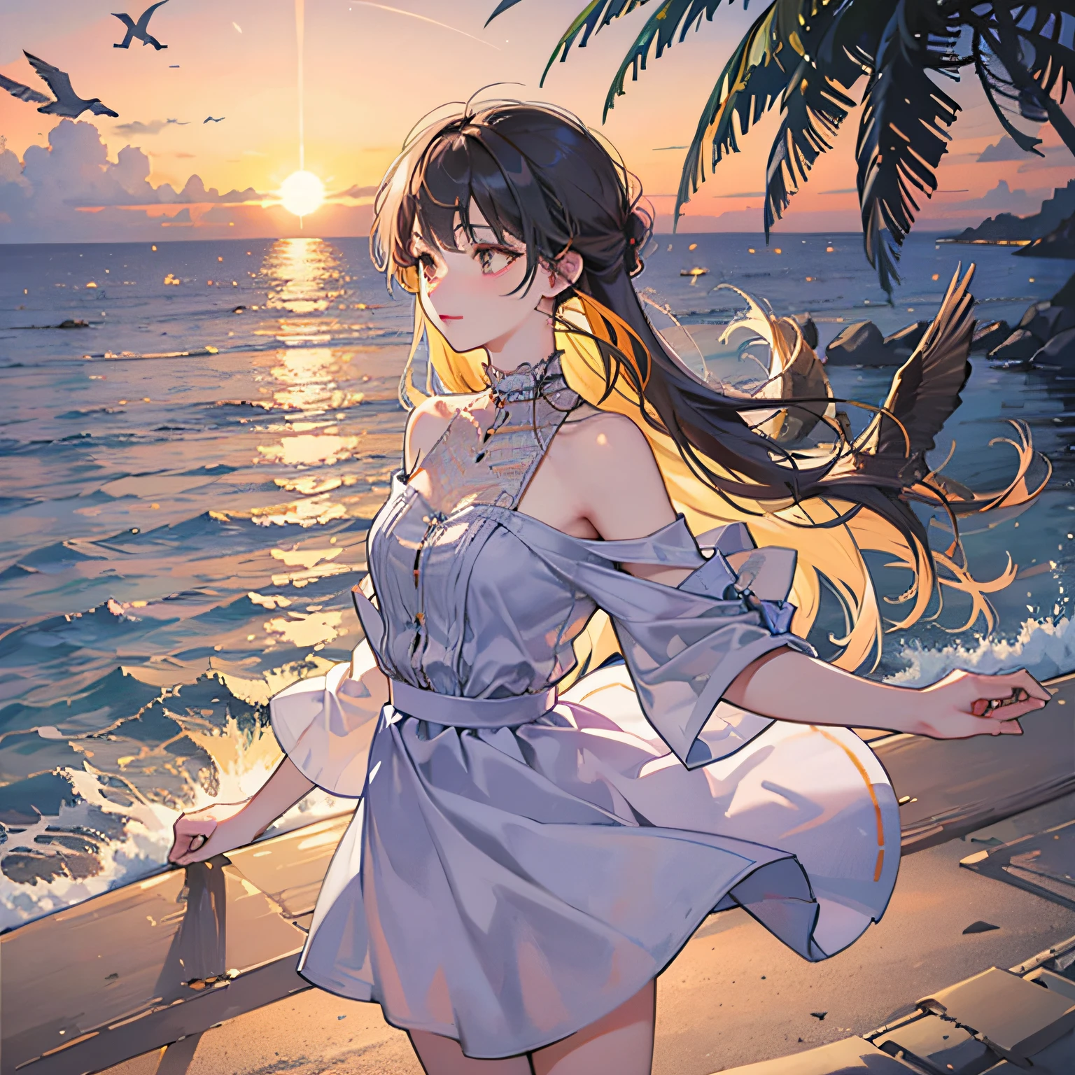 Absolutely mesmerizing sunset on the beach with a mix of oranges, pinks and yellows in the sky. The water is crystal clear, gently kissing the shore, and the white sand is endless. The scenes are action-packed and breathtaking, with seagulls soaring high in the sky and palm trees swaying gently. Immerse yourself in the calm atmosphere and let the serenity surround you. --auto