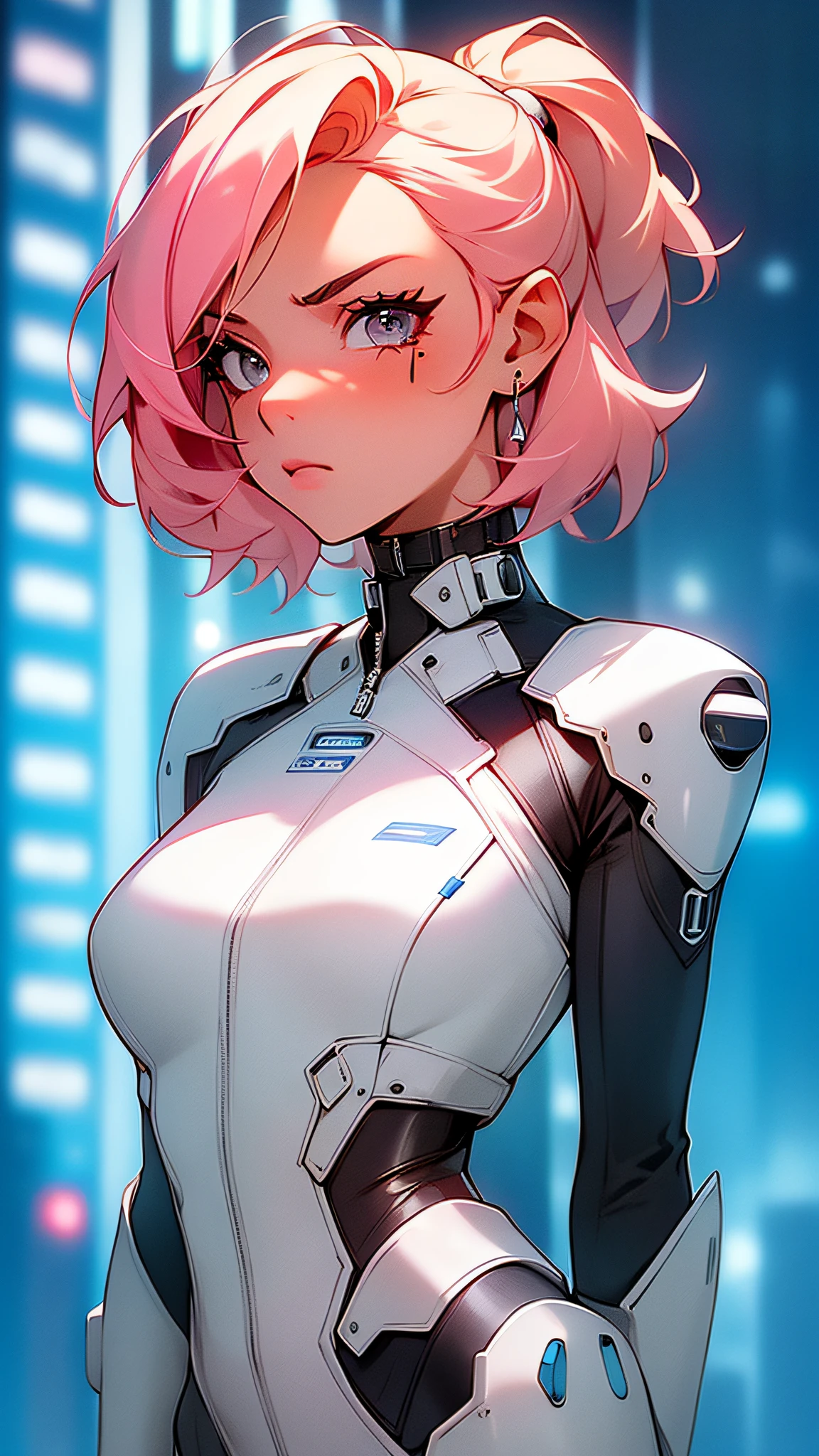 A hand-drawn girl, Baby face, A serious expression., A beautiful young girl, There is a scratch on the face, Short light pink hair, Black eyes, Short hair, Dress up as a mech, Fully armed, Standing on the roof of a sci-fi city building, Surrounded by sci-fi high-rise buildings, C4D modeling effects, High detail, unreal engine, uhd, 8k, super detail