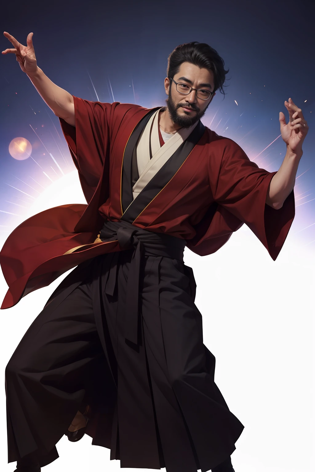 Tony Tani dancing in a crested hakama、Glasses、Chobi beard、