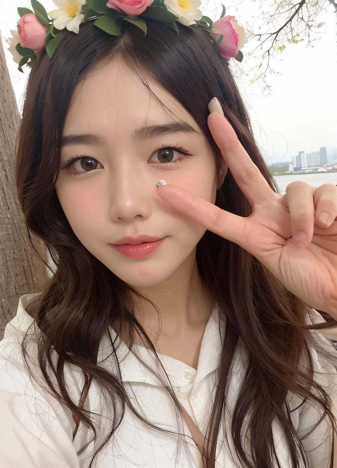 arafed woman with flower crown making a peace sign, jaeyeon nam, , clear cute face, with cute - fine - face, park jimin, heonhwa choe, Jin Young Shin, 2 8 years old, , lee ji-eun, lee ji-eun, 2 7 years old, Korean girls --auto